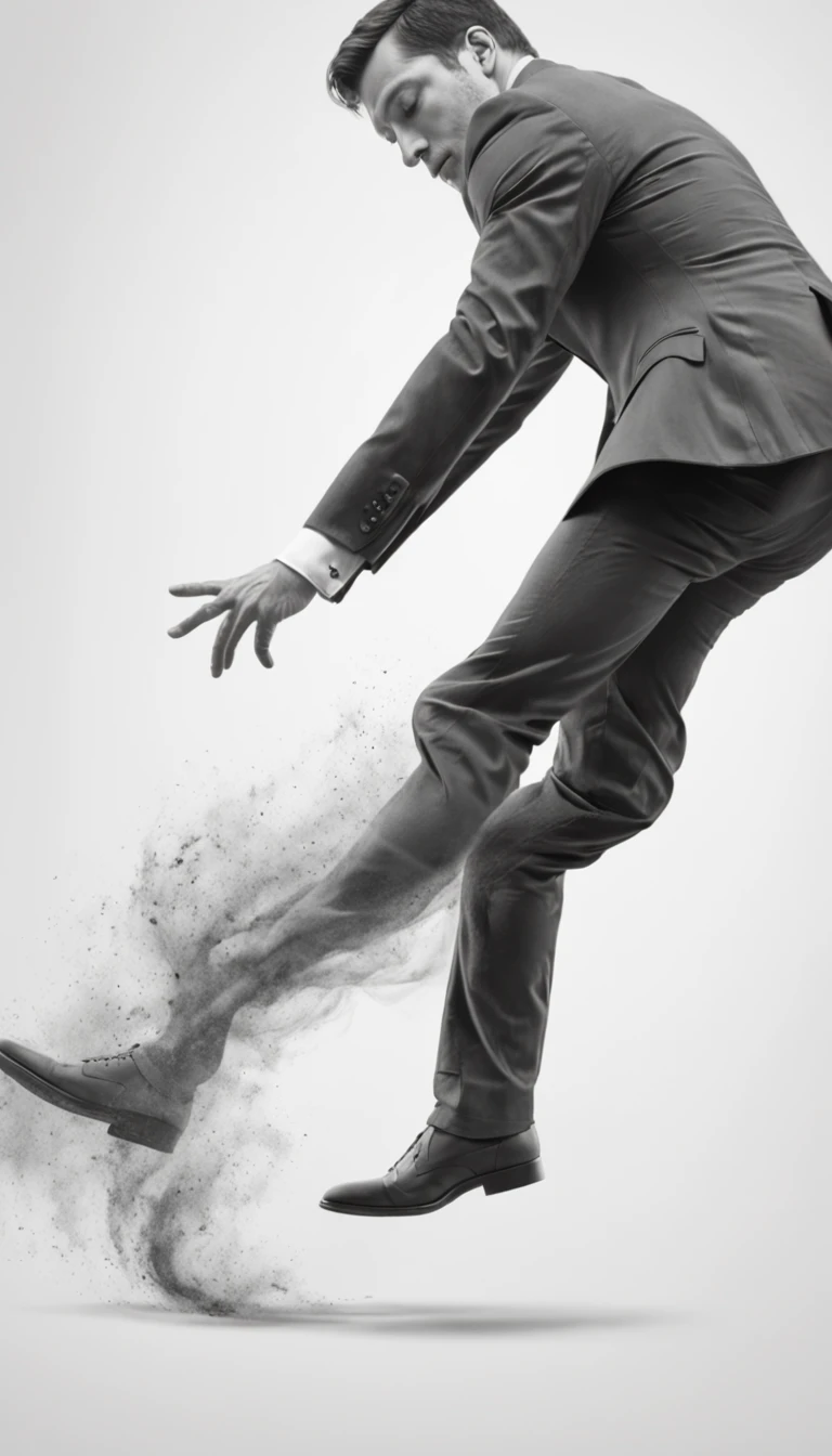 a minimal pencil sketch of a man with black suit falling backward on the ground, right leg touching the ground, and left leg on the air, high detailed, intricate details, 8K, black and white photo, white background, white floor