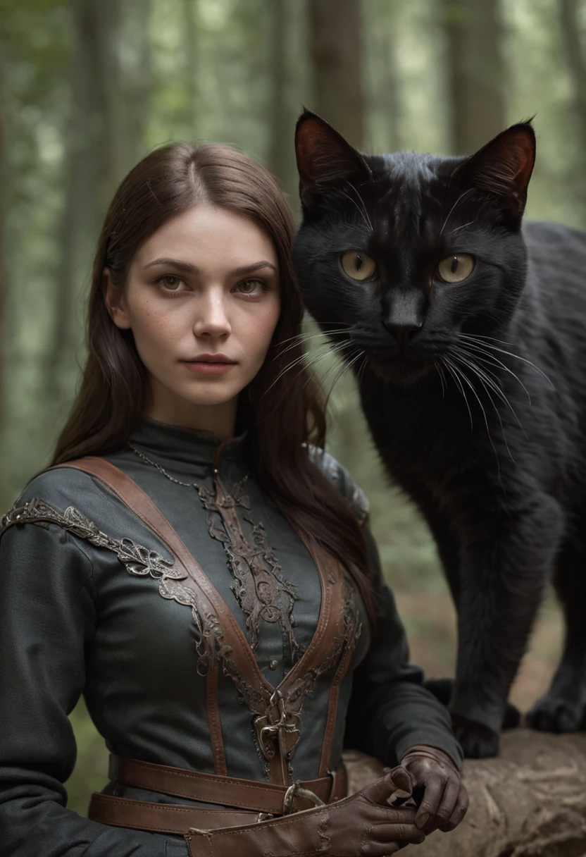 Close, portrait. female hunter with a quiver of arrows
behind her and with her a big black cat on the edge of the forest, perfect composition, beautiful detailed intricate insanely detailed octane render trending on artstation, 8 k artistic photography, photorealistic concept art, soft natural volumetric cinematic perfect light, chiaroscuro, award - winning photograph, masterpiece, oil on canvas, raphael, caravaggio, greg rutkowski, beeple, beksinski, giger
