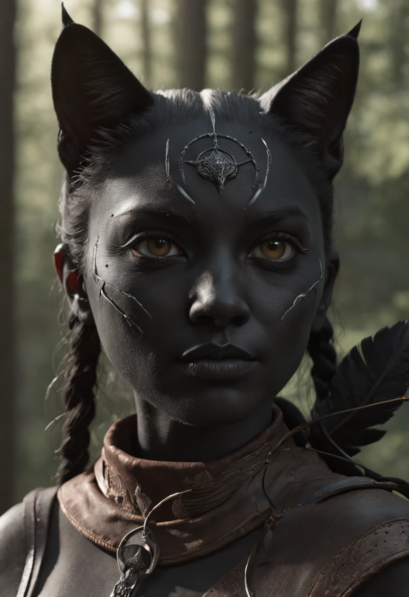 Close, portrait. female hunter with a quiver of arrows
behind her and with her a big black cat on the edge of the forest, perfect composition, beautiful detailed intricate insanely detailed octane render trending on artstation, 8 k artistic photography, photorealistic concept art, soft natural volumetric cinematic perfect light, chiaroscuro, award - winning photograph, masterpiece, oil on canvas, raphael, caravaggio, greg rutkowski, beeple, beksinski, giger