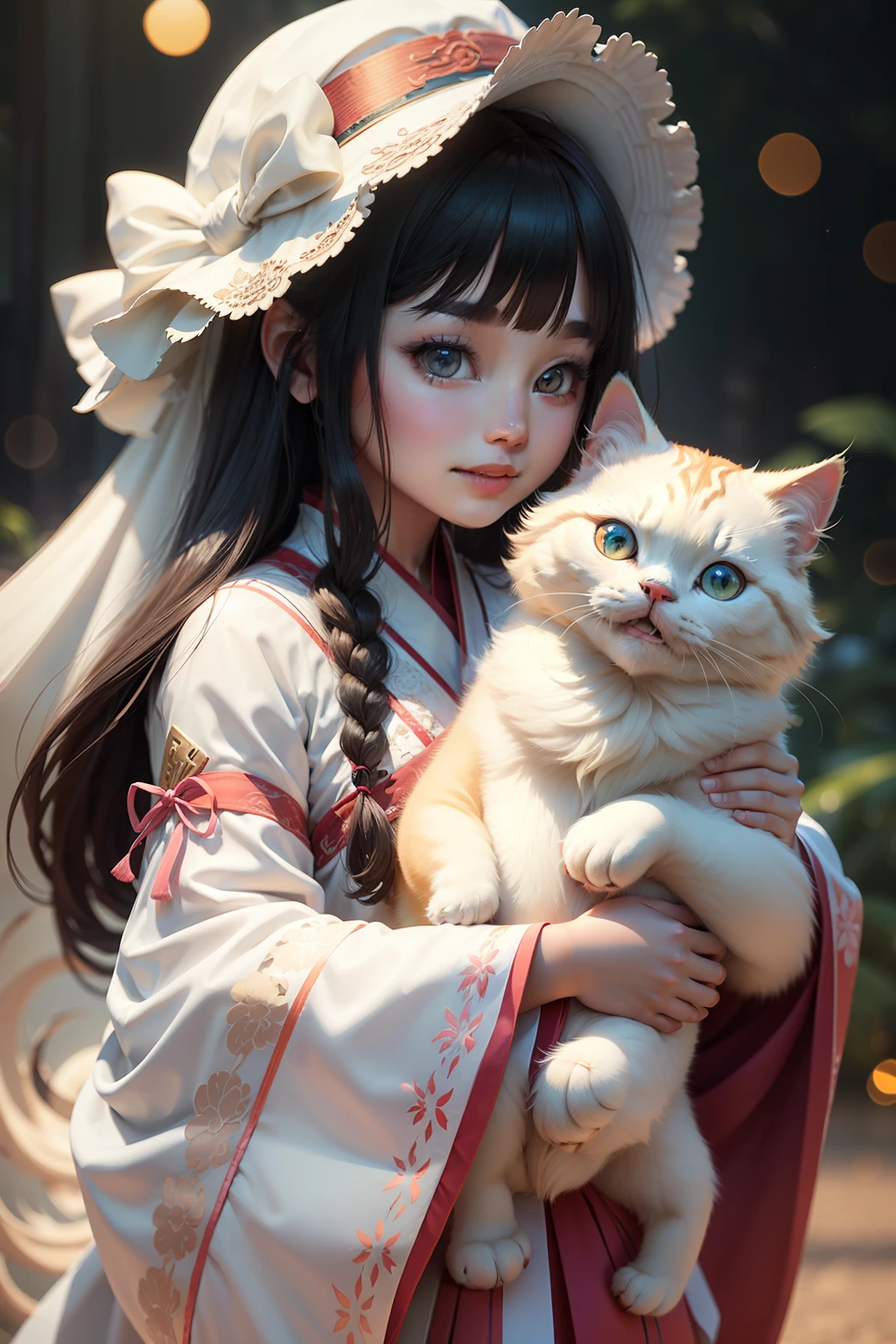 A 2-year-old girl ,holding a Persian cat，Chinese style, white Hanfu,close up,bright eyes, happy,cat,summer, 3d, c4d, Hyper detailed,animation lighting,bokeh,perfect details,FHD --ar 3:4 --niji 5