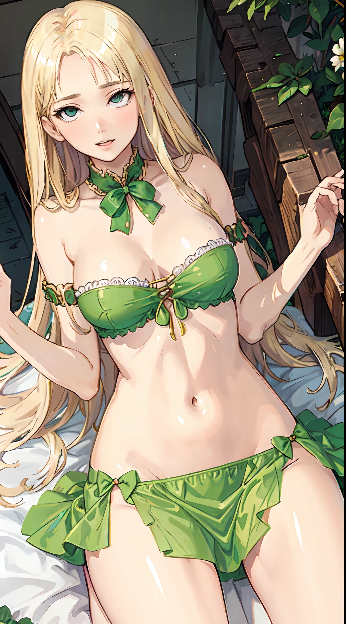 blonde hair, long hair, green eyes, green gown, short skirt, slim legs, navel, balcony, happy, cleavage, bend over, rolling eyes, ahegou