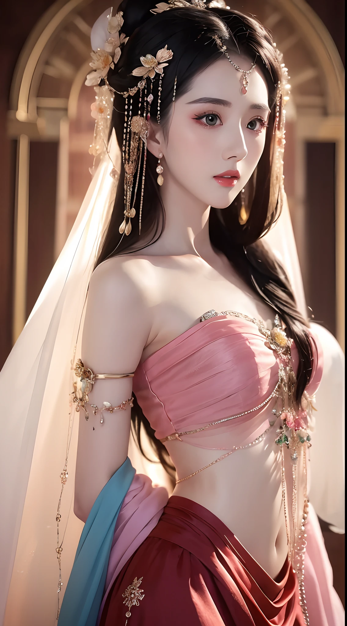 1 20 year old girl, 1 goddess Athena, pink purple silk dress, beautiful goddess Athena face without blemishes, delicate yellow nightgown, long thin sequin nightgown with many sexy black lace details, 1 beautiful thin red silk cloth half veil, female saint legend, female saint icon, beautiful goddess style glitter, dark and mysterious version, small proportioned goddess crown, vermilion lips, plump red lips, not smiling, mouth closed, delicate and beautiful pino detailing, delicate and beautiful lip detail, , (pure and flawless face: 1.9), female saint body, round chest, big and round breasts, phoenix brooch, long flat bangs, (7-color rainbow hair: 1.9), flower stickers tattoo on forehead, beautiful clear face and well-proportioned eyes, (transparent yellow eyes: 1.8), (big round eyes and makeup, sexy wet eye makeup, very beautiful and meticulous hair makeup, long and delicate blonde hair, delicate, body image: 1.8), figure: and vivid, (stars that make up the sky: 1.7), (the sky of heaven and the fictitious gate of time and space: 1.8), fictional art, RAW photos, hanfu photos, best photos, high resolution, best quality, best photos, best goddess quality, 8k female, super 8 single saint portraits, truest color schemes, masterpieces, best beauty brands, best hair jewelry, brand real photo, dark studio, border light, two-tone lighting, (rose white skin: 1.4), (high skin detail: 1.1), 8k uhd, d slr, soft light, 8k, high quality, candid, volume Smooth and sharp, 10x pixel increase, sexy goddess, sexy goddess, (background space: 1.8), (most beautiful aurora eyes: 1.7), beautiful eyes, aurora beautiful and flowery, (beautiful single girl: 1.8), (more details:0.8),