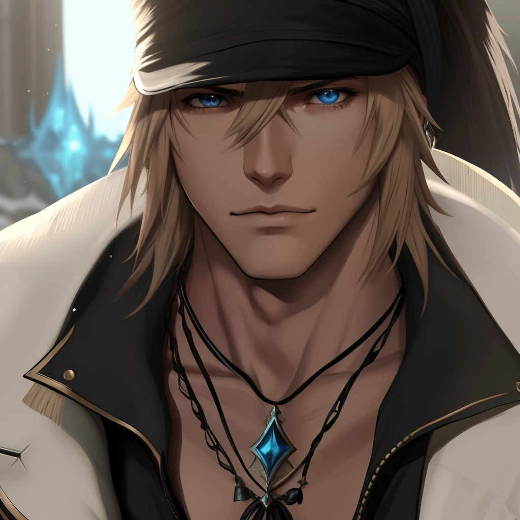 Villiers de nieve, Final Fantasy XIII, ojos azules hermosos, mirada atractiva, cabello rubio, sombrero totalmente negro y guantes negros, gabardina beige sostenida en la mano, Camisa negra holgada, estilo de mmorpg, Hombre guapo, Muscles of anatomical and detailed proportions.