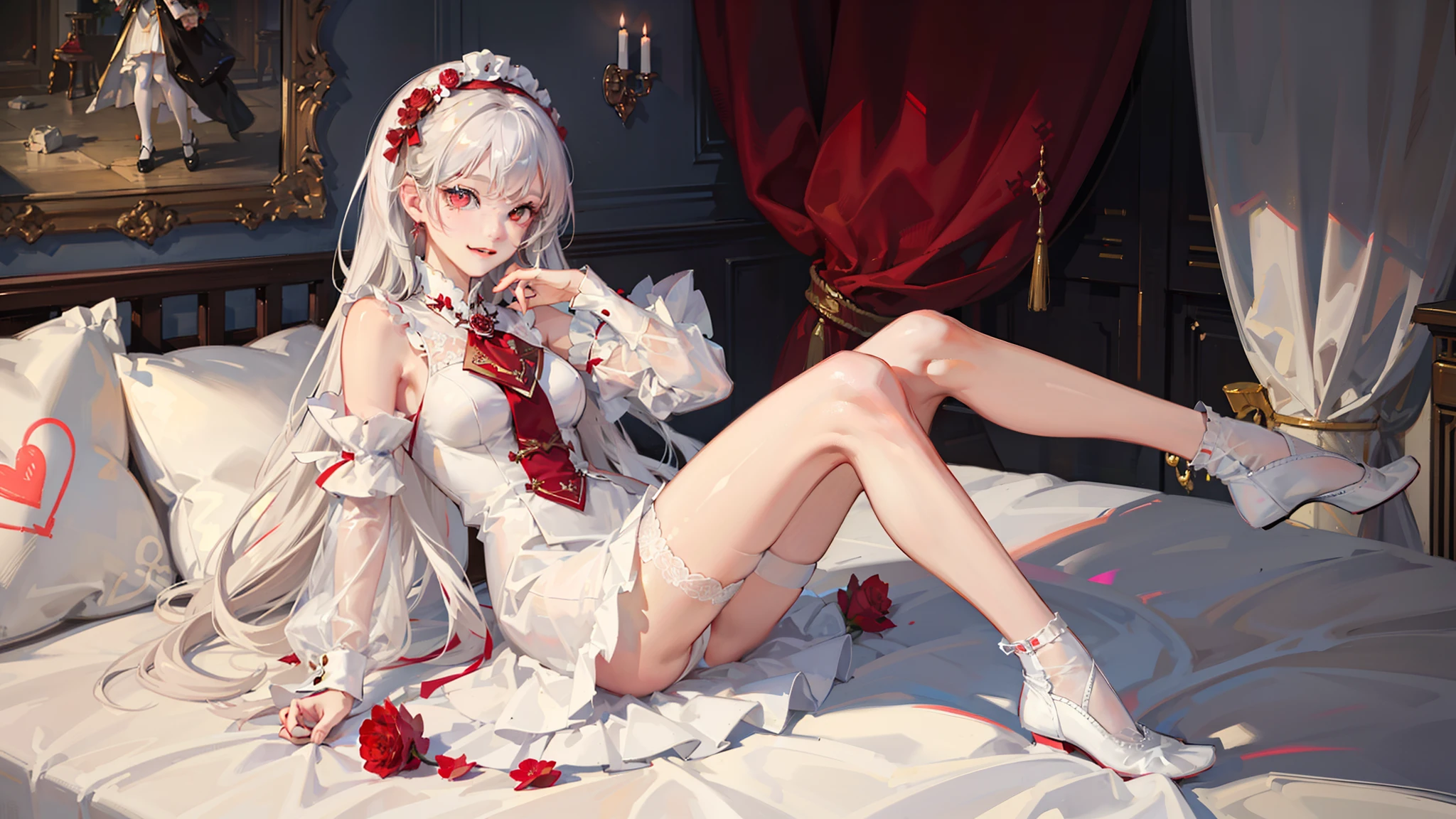 A girl in a white dress，Raised sexy，Effeminate girl，masturbation，Red rose legs together，White panty hose，White socks long legs，A thin body，the feet，Silk feet，is shy，Be red in the face，Lazy wind，Big red eyes，White hair，Decorated in red tones，Red decorated bedroom sitting，1girll，Solo，adolable，Big hazy eyes，Facial details are exquisite，Beth，onbed，Impeccable，Cute pose，Shy laugh，The complexion is reddish，Half white stockings