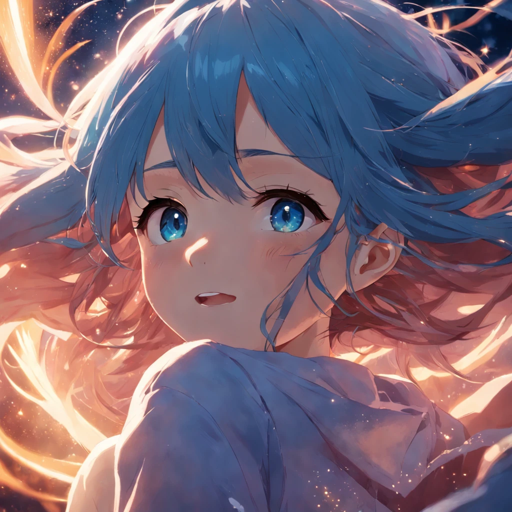 obra-prima, melhor qualidade, filme ainda, 1girl, garota nuvem, floating into the sky, close-up, brilhante, feliz, Soft lighting and Warm, sun sunset, (Sparks: 0,7) olho azul, cabelo azul