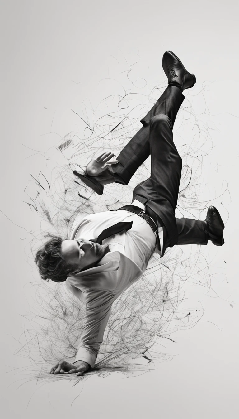 a minimal pencil sketch of a man with black suit falling backward on the ground, right leg touching the ground, and left leg on the air, high detailed, intricate details, 8K, black and white photo, white background, white floor