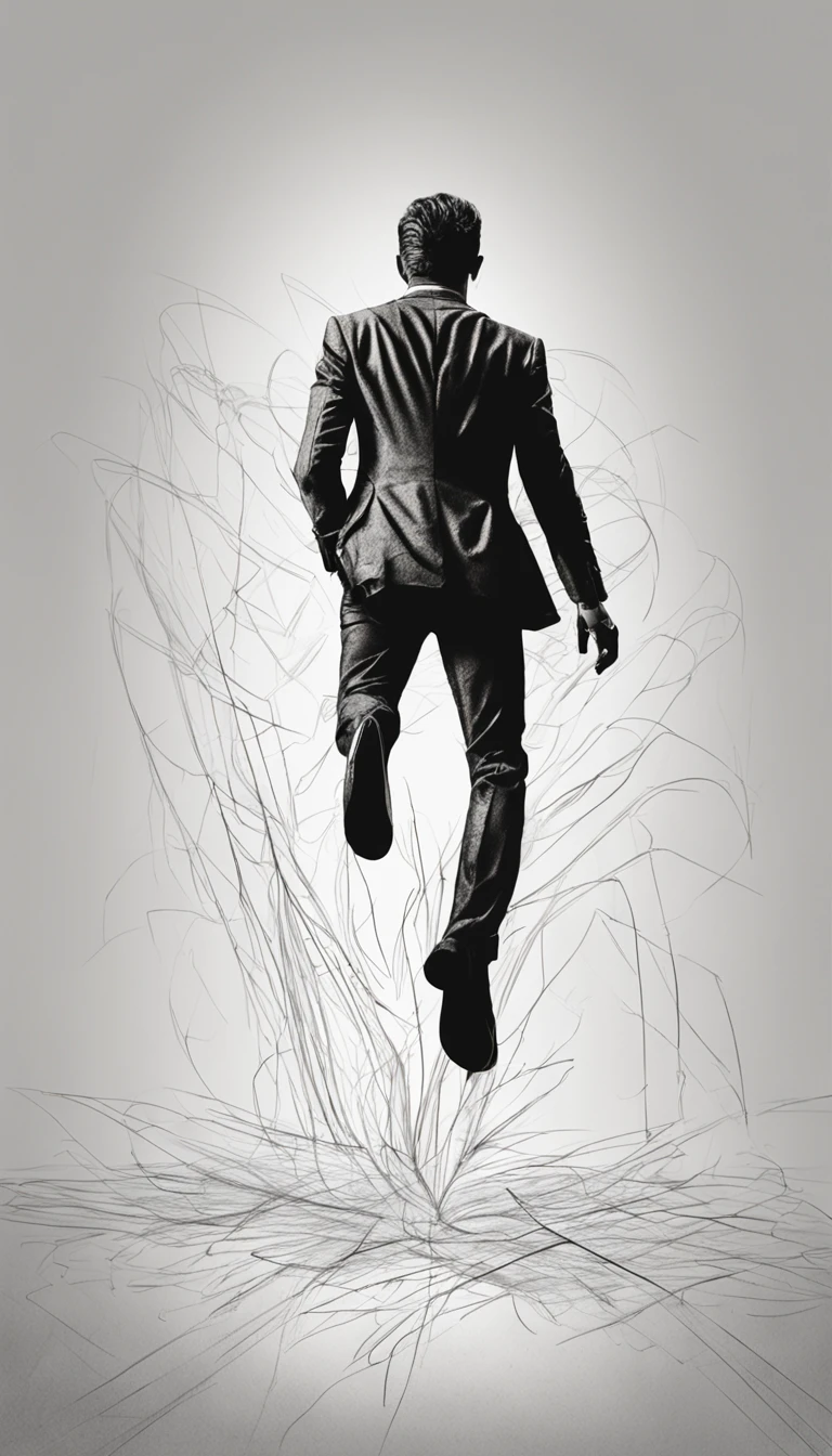 a minimal pencil sketch of a man with black suit falling backward on the ground, right leg touching the ground, and left leg on the air, high detailed, intricate details, 8K, black and white photo, white background, white floor