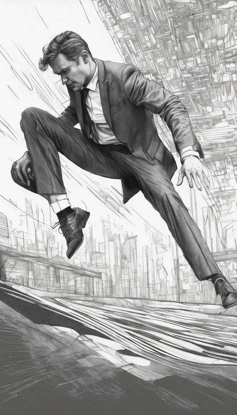 a minimal pencil sketch of a man with black suit falling backward on the ground, right leg touching the ground, and left leg on the air, high detailed, intricate details, 8K, black and white photo, white background, white floor