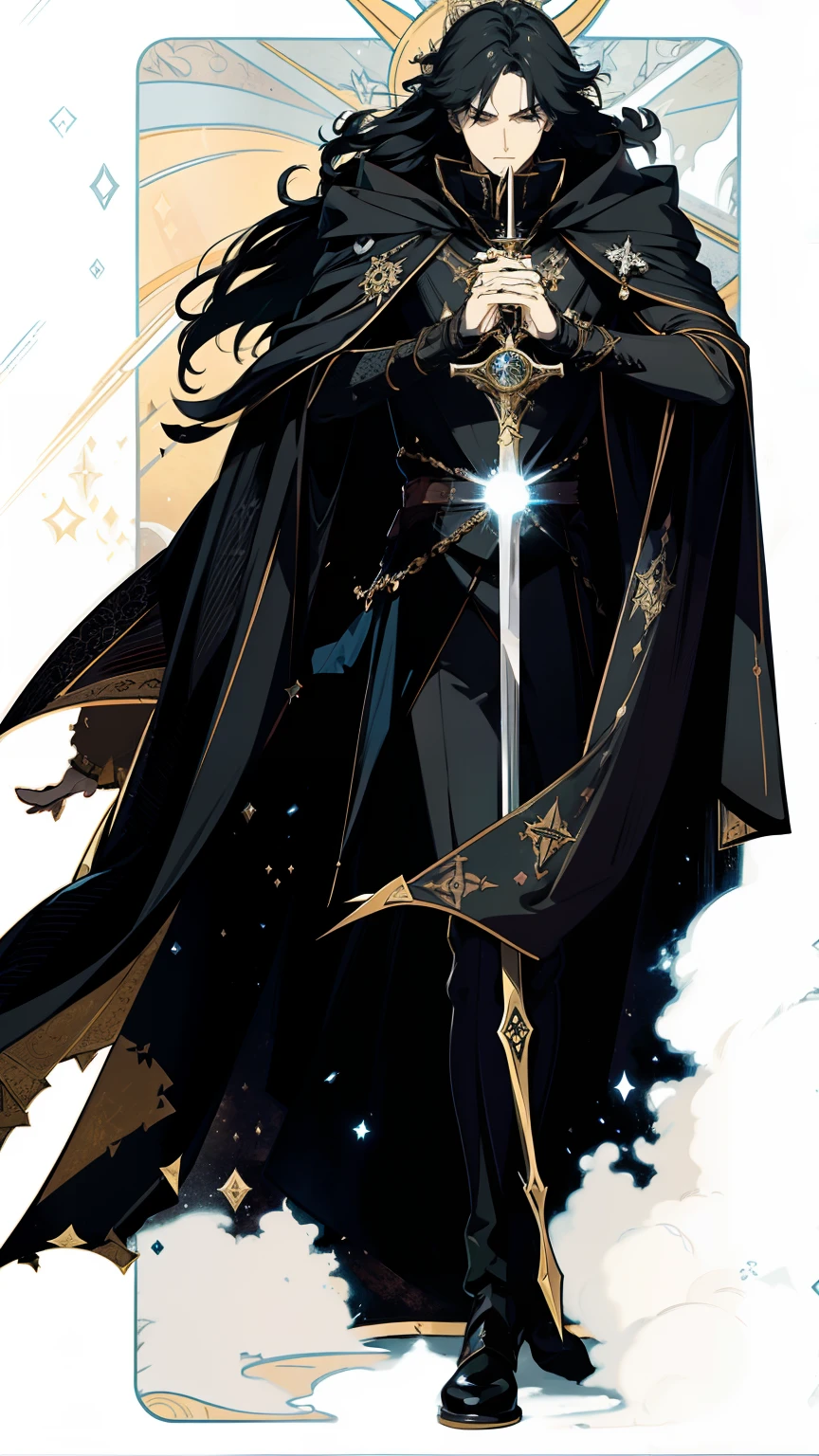 Tarot card style, king of swords, Gothic style, moody, dark, moonlight, Tarot Cards、major arcana、Positive position、All 22 Cards、22 divisions、masterpiece、realisitic