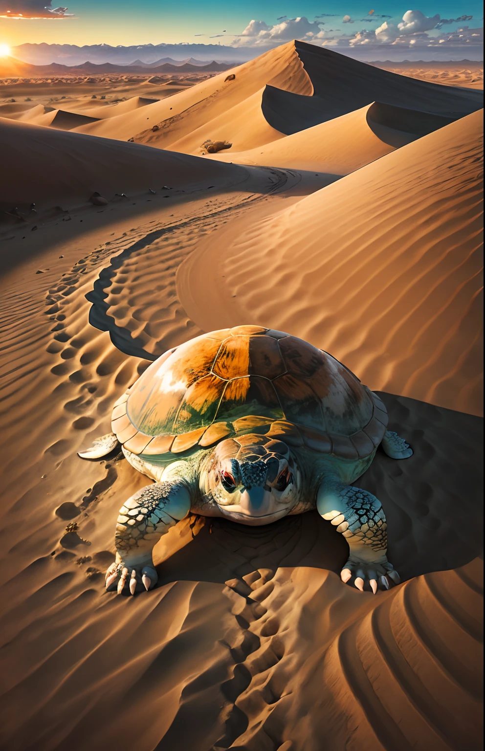 Craft an ultra-realistic image: a colossal desert turtle emerges from rolling sands, its textured shell revealing the passage of time. Atop it, a man dressed to blend with the arid landscape holds onto the turtle's rugged back, a bond evident. The setting sun casts a warm glow, dancing shadows accentuating details. Endless desert stretches, dunes in the distance. As the turtle moves, faint imprints mark its journey on the sand. Express the timeless connection between man and desert behemoth, encapsulating awe and adventure. --auto --s2