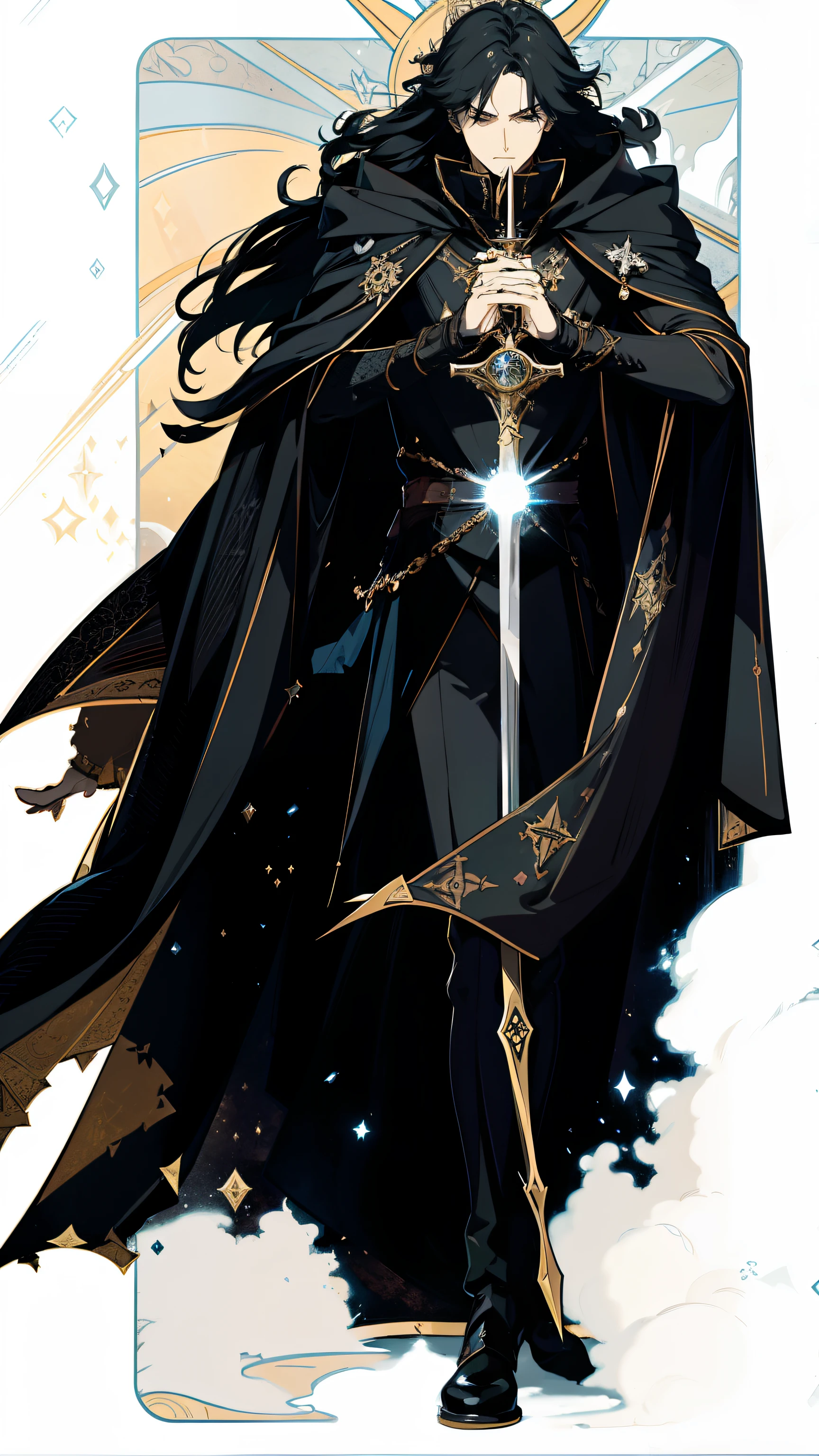 Tarot card style, king of swords, Gothic style, moody, dark, moonlight, Tarot Cards、major arcana、Positive position、All 22 Cards、22 divisions、masterpiece、realisitic
