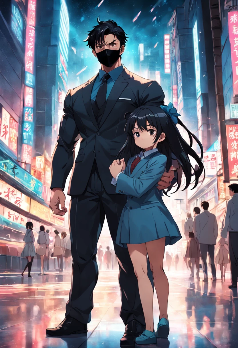 cool japanese male, business man, with black mask, muscular man, black haired, standing with his cute, little daughter, baby girl