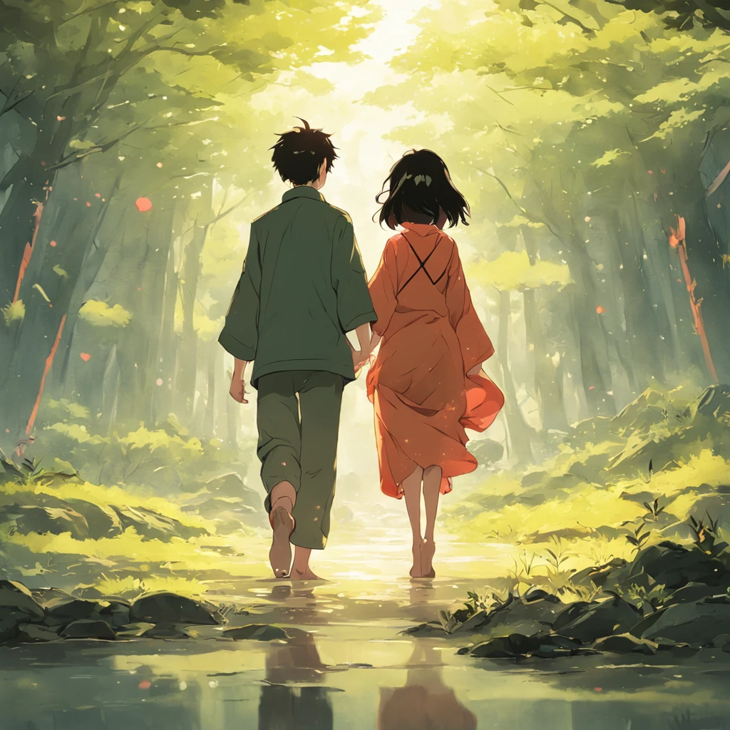 A romantic couple walking together in a Japanese spring garden. Anime flat illustration Estilo de arte, garoto de cabelos pretos. garota de pele queimada