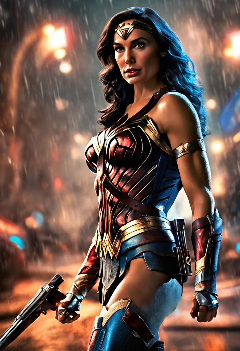 A Hyperrealistic Wonder Woman, Perfect Body, Perfect face, Perfect hands, Perfect, Legs, In a City in Fire, detailed and Intrincicated, bioluminicense, HD