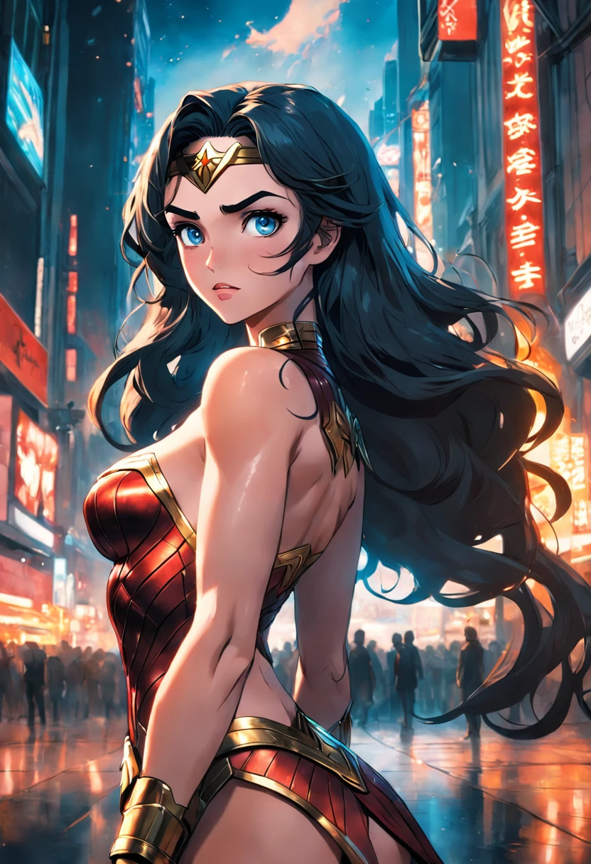 A Hyperrealistic Wonder Woman, Perfect Body, Perfect face, Perfect hands, Perfect, Legs, In a City in Fire, detailed and Intrincicated, bioluminicense, HD