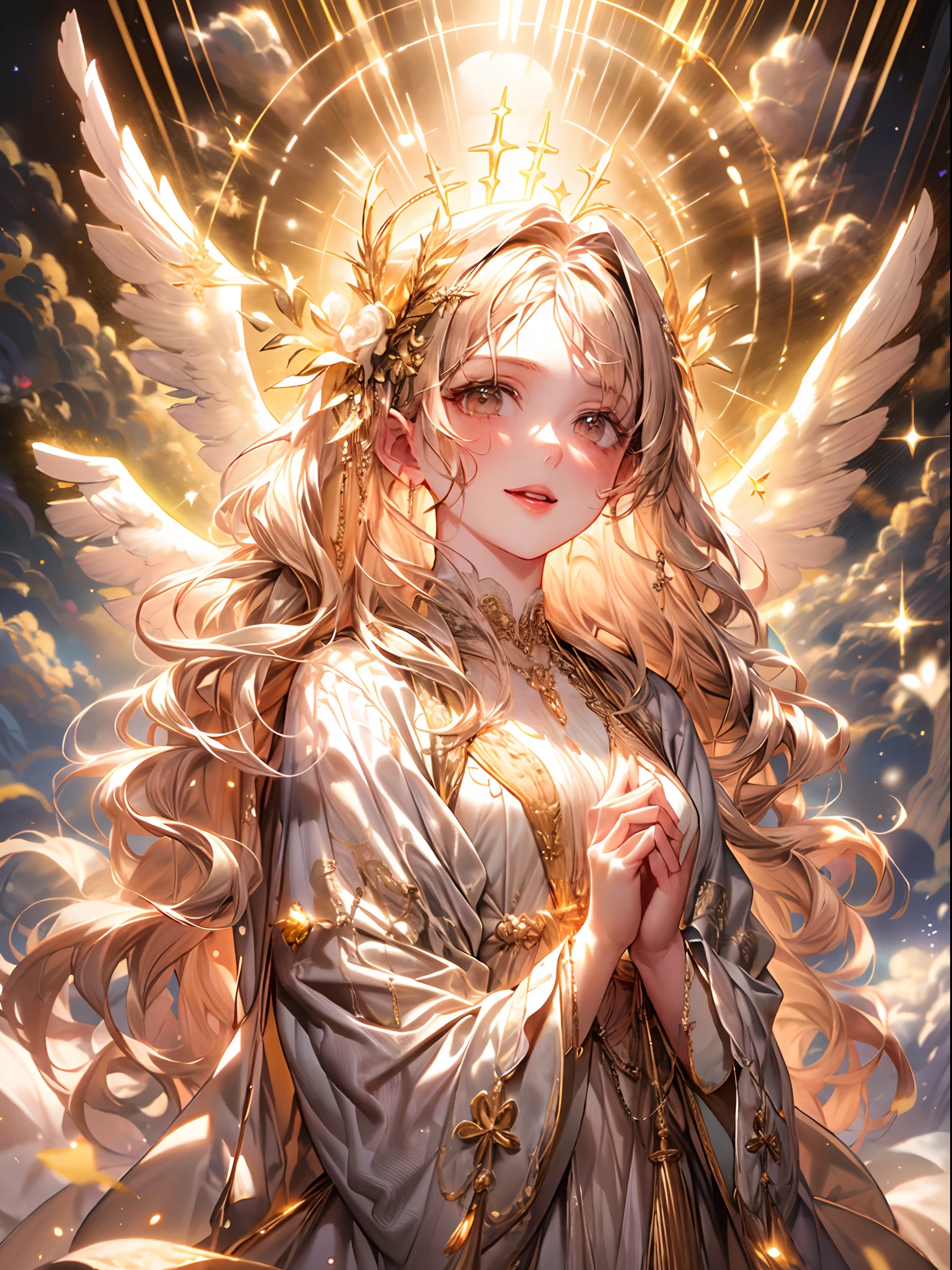 Imagine a breathtaking sight of a golden-haired angelic girl with pristine white wings, standing before you in all her celestial splendor. Her radiant smile lights up the heavens as she clutches a majestic trophy in her delicate hands. The trophy gleams with a brilliance that reflects her shining accomplishment. Her golden locks gently sway in the celestial breeze, and her wings exude an aura of grace and purity. This heavenly being has achieved something extraordinary, and the trophy symbolizes her dedication and hard work. As you capture this celestial vision with your artistic flair, let her divine presence inspire others to reach for the stars and achieve greatness. This enchanting scene celebrates the triumph of an angelic girl's efforts and the beauty of her celestial journey.