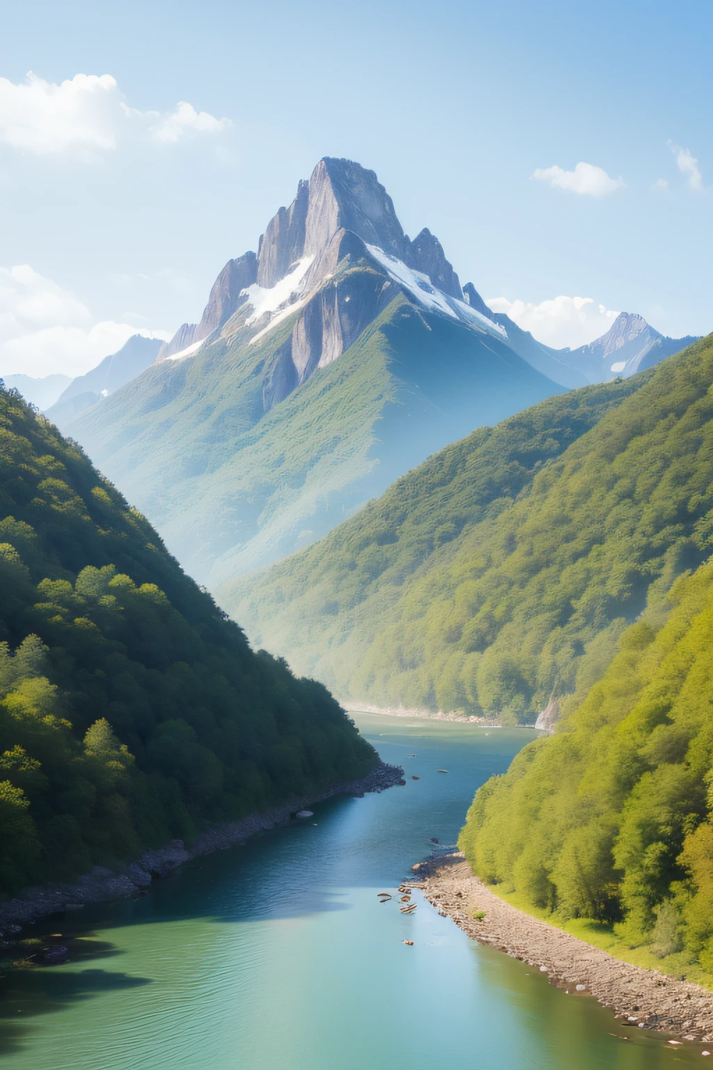 (great masterpiece、top-quality、high-level image quality)、Beautiful mountain ranges、Big rivers、Clear sky、Strong sunlight、Spiritual Power、Spiritual Love、Great Spirit、altruism、Birds flutter、(Spiritual Natural World)、