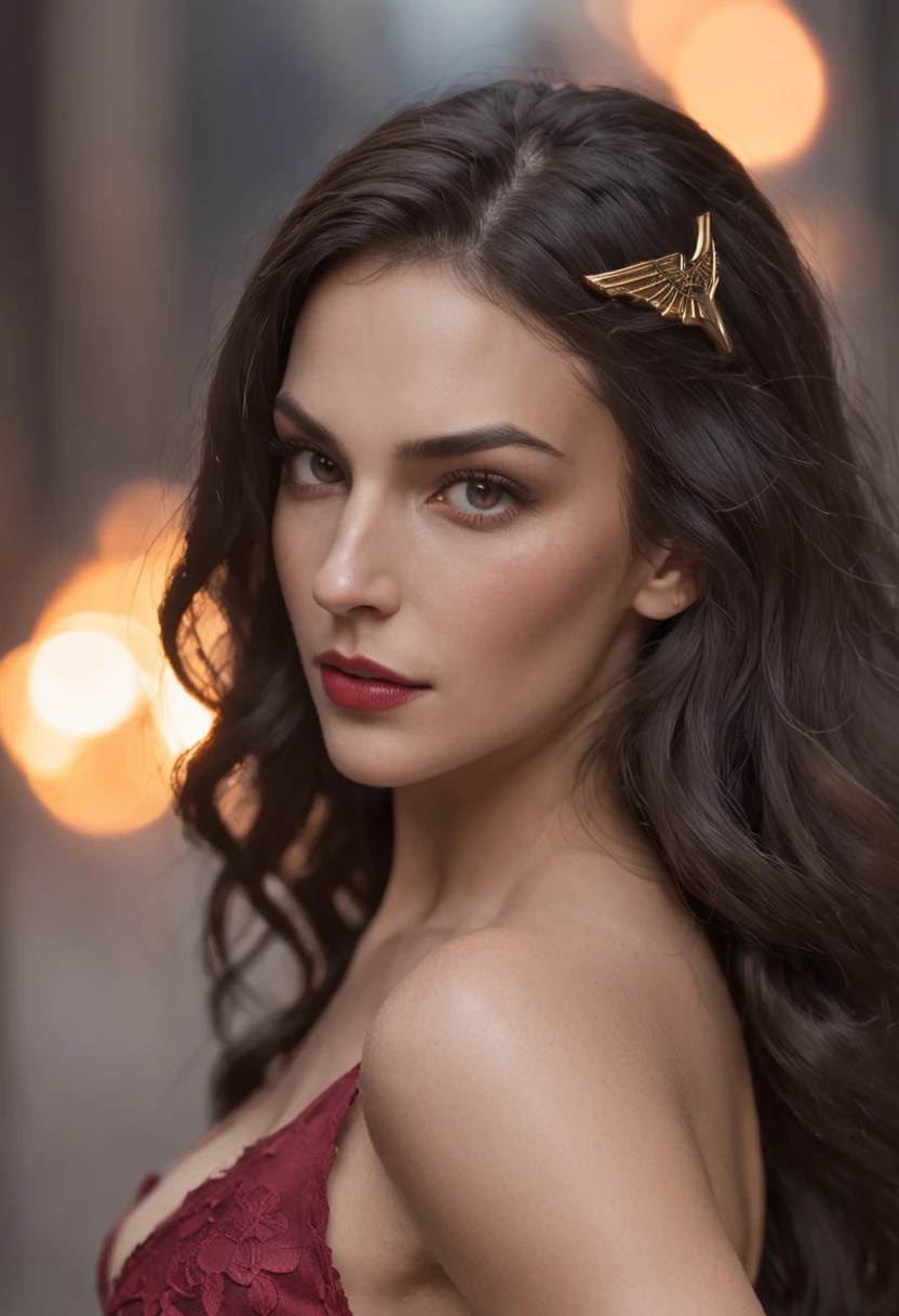A Hyperrealistic Wonder Woman, Perfect Body, Perfect face, Perfect hands, Perfect, Legs, In a City in Fire, detailed and Intrincicated, bioluminicense, HD
