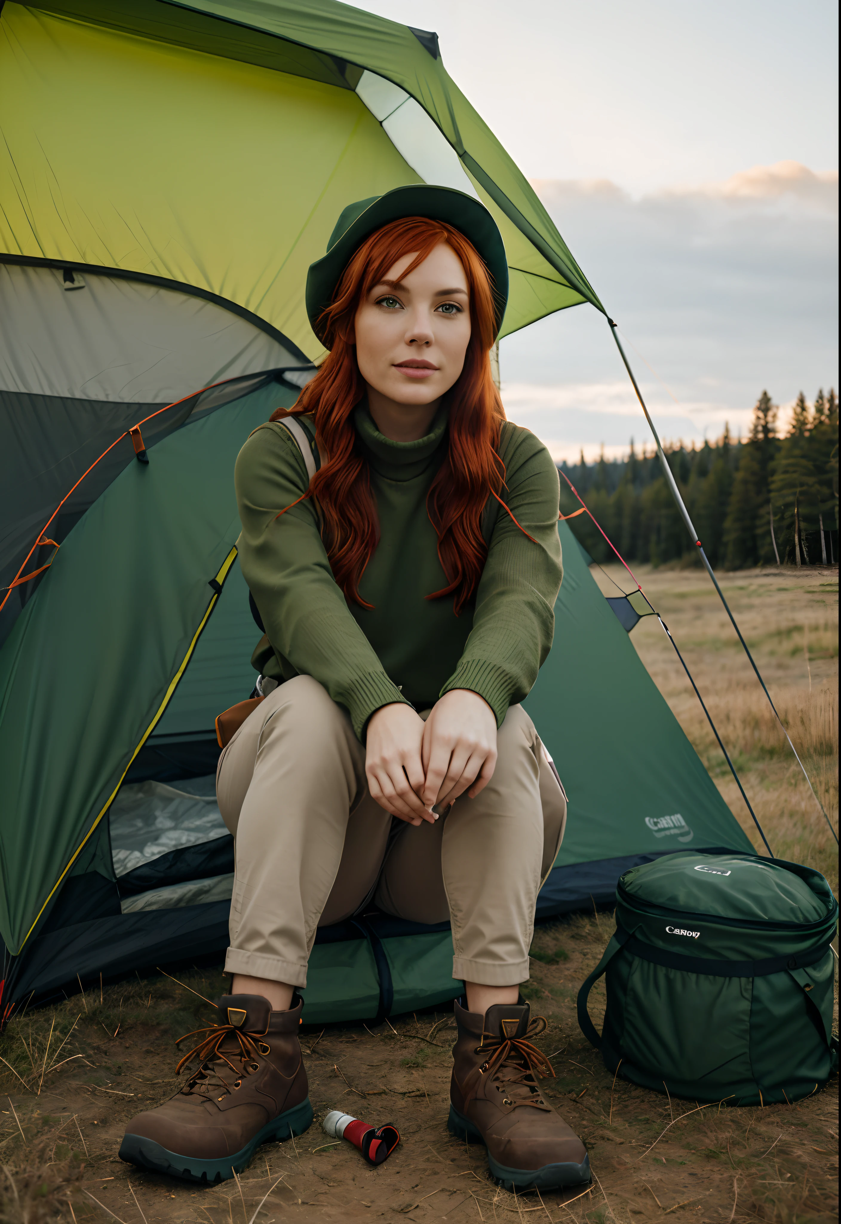 1 woman, green eyes, ((intense and detailed skin)), ((vibrant red hair)), camping, plains, outdoor, cheerful, happy, backpack, camping gear, tent, sleeping bag, camping stove, water bottle, hiking boots, gloves, sweater, hat, flashlight, plains landscape, grass, clear sky, natural lighting, realistic textures, vibrant colors, detailed clothing, atmospheric perspective, warm hue, warm tone, fine art, high quality, cinematic look, best shadow, Canon EOS 5D Mark IV Cam, upper body, realistic expression, comfortable camping setup, scenic beauty.