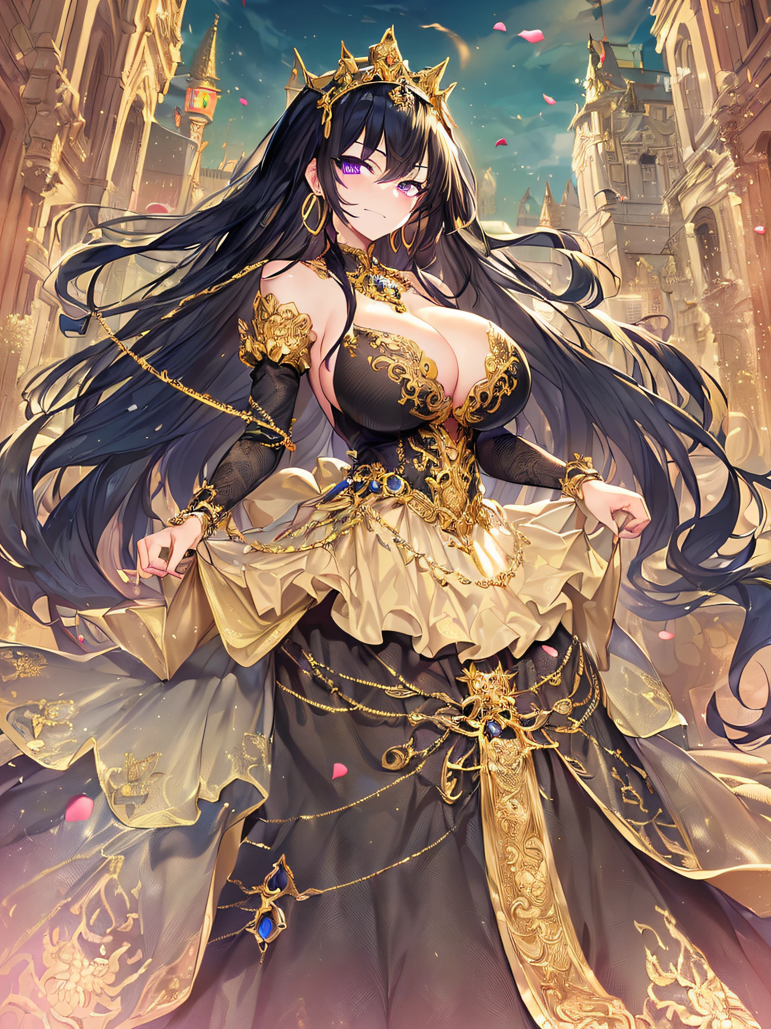 ((anime artstyle)),(Masterpiece),(Best Quality), (Super Detail),((Very Delicate and Beautiful)),(((Solo))),((full body portrait)),((1 arrogant queen in gorgeous black and gold rococo princess ballgown with voluminous full length hoop skirt),((crinoline)),gold trim,Long train,(dominant pose),arrogant,(haughty),(((smug))),Sharp eyes,((standing in the square of the castle town,festival)),((outdoor)),sunlight,medieval main street,gorgeous gemstone jewelry,detailed face and eyes,jewel-like eyes,Purple eyes,(Bangs between eyes),((large amount of straight hair,extremely Long voluminous black Hair)),((gigantic tits,Long tits)),gorgeousfull embroidery,cleavage,extremely gorgeousfull hair ornament,(bling-bling extremely gorgeousfull jeweled tiara),gorgeous corsage,(Dynamic Angle),Looking at viewer,flower petals flowing,(((gorgeous black and gold rococo princess ballgown with voluminous full length hoop skirt)))