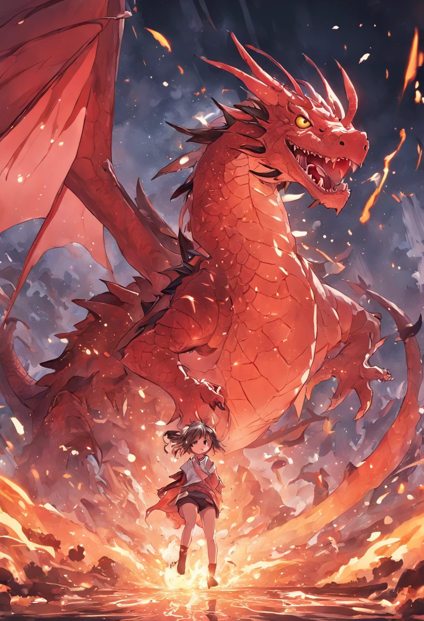 (Cute teenager riding a dragon),Segurando um leque de penas,Red Fire Dragon,Fogo com intensidade,There was a fire in the air,Efeito gunsmoke:1.5,Slender dragon body,elevation,Vista distante,super detalhamento,melhor qualidade,tmasterpiece,8k,extremamente detalhado,arte epica. Garoto de cabelo preto
