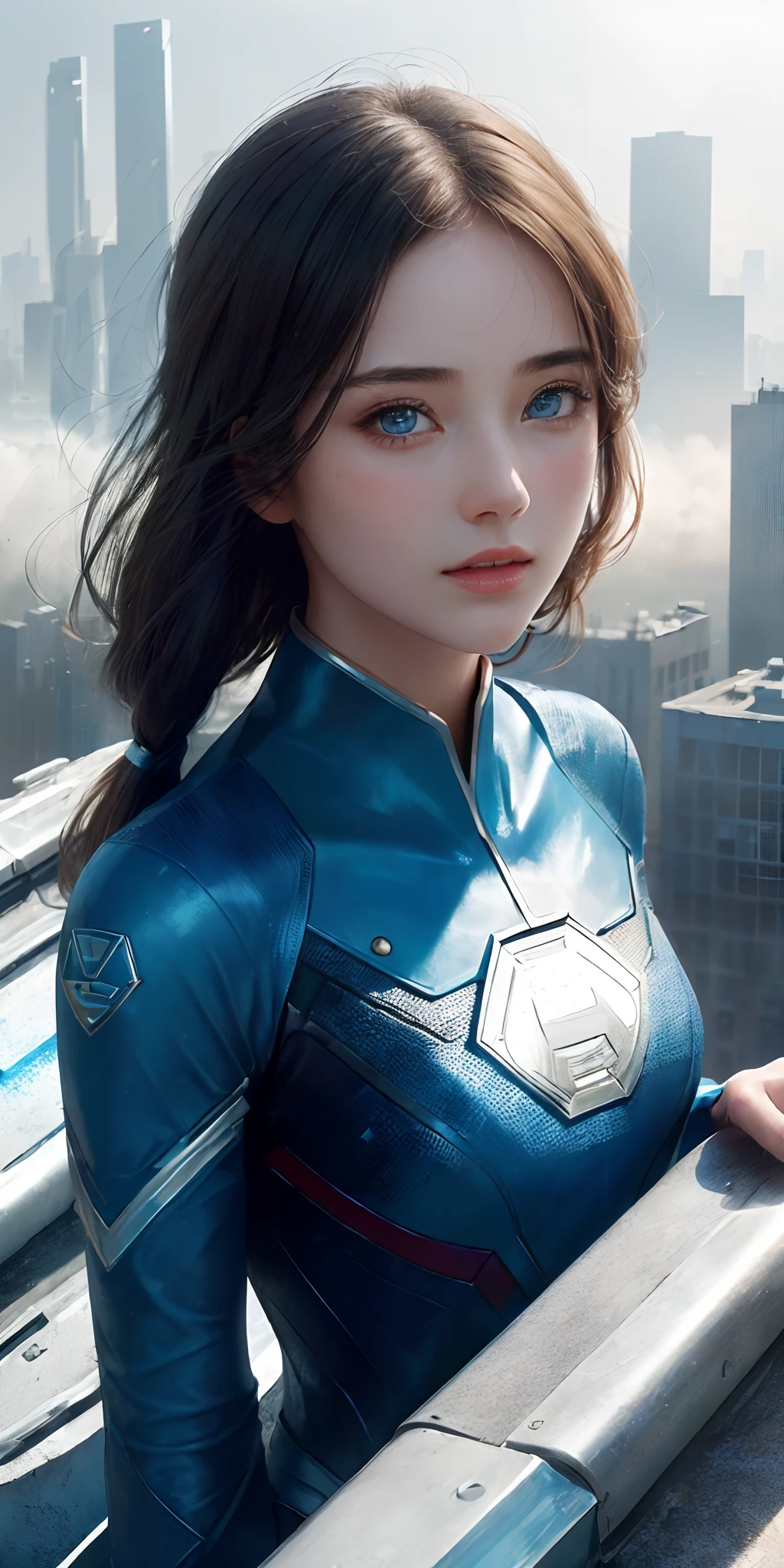 (1girl:1.5), Solo, (((Very detailed face)))), ((Very detailed eyes and face)))), Beautiful detail eyes, Body parts__, Official art, Unified 8k wallpaper, Super detailed, beautiful and beautiful, beautiful, masterpiece, best quality, original, masterpiece, super fine photo, best quality, super high resolution, realistic realism, sunlight, full body portrait, amazing beauty, dynamic pose, delicate face, vibrant eyes, (from the front), She wears Super-Man suit, red and blue color scheme, crypton, very detailed city roof background, rooftop, overlooking the city, detailed face, detailed complex busy background, messy, gorgeous, milky white, highly detailed skin, realistic skin details, visible pores, clear focus, volumetric fog, 8k uhd, DSLR, high quality, film grain, fair skin, photo realism, lomography, futuristic dystopian megalopolis, translucent