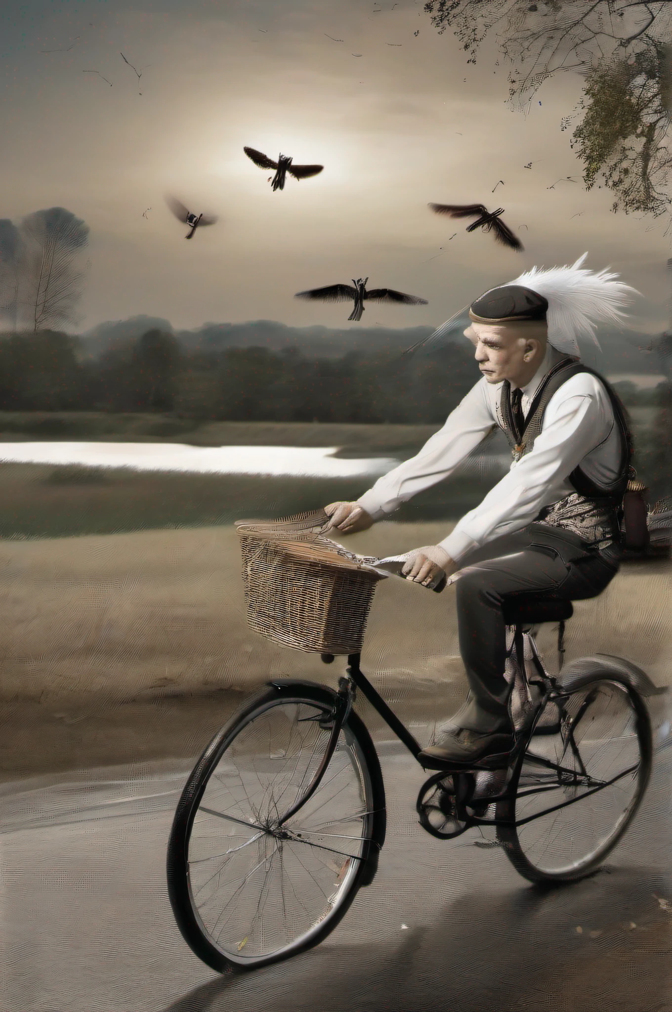 Classic bike flies with metallic wings while skinny dad, cabelos ao vento, pedala desesperadamente para salvar filho. focused expression, tears turned wings. gloomy setting, nuvens angelicais, Sloping trees. Pai e filho se fundem espiritualmente, transcendo desafios e amor paternal. EMOTION, Determination and transcendence in an urgent moment.