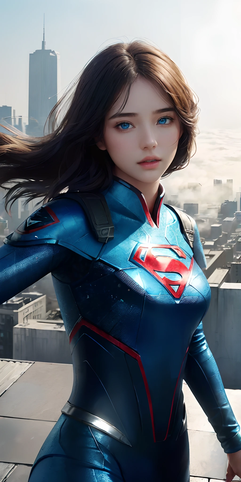 (1girl:1.5), Solo, (((Very detailed face)))), ((Very detailed eyes and face)))), Beautiful detail eyes, Body parts__, Official art, Unified 8k wallpaper, Super detailed, beautiful and beautiful, beautiful, masterpiece, best quality, original, masterpiece, super fine photo, best quality, super high resolution, realistic realism, sunlight, full body portrait, amazing beauty, dynamic pose, delicate face, vibrant eyes, (from the front), She wears Super-Man suit, red and blue color scheme, crypton, very detailed city roof background, rooftop, overlooking the city, detailed face, detailed complex busy background, messy, gorgeous, milky white, highly detailed skin, realistic skin details, visible pores, clear focus, volumetric fog, 8k uhd, DSLR, high quality, film grain, fair skin, photo realism, lomography, futuristic dystopian megalopolis, translucent