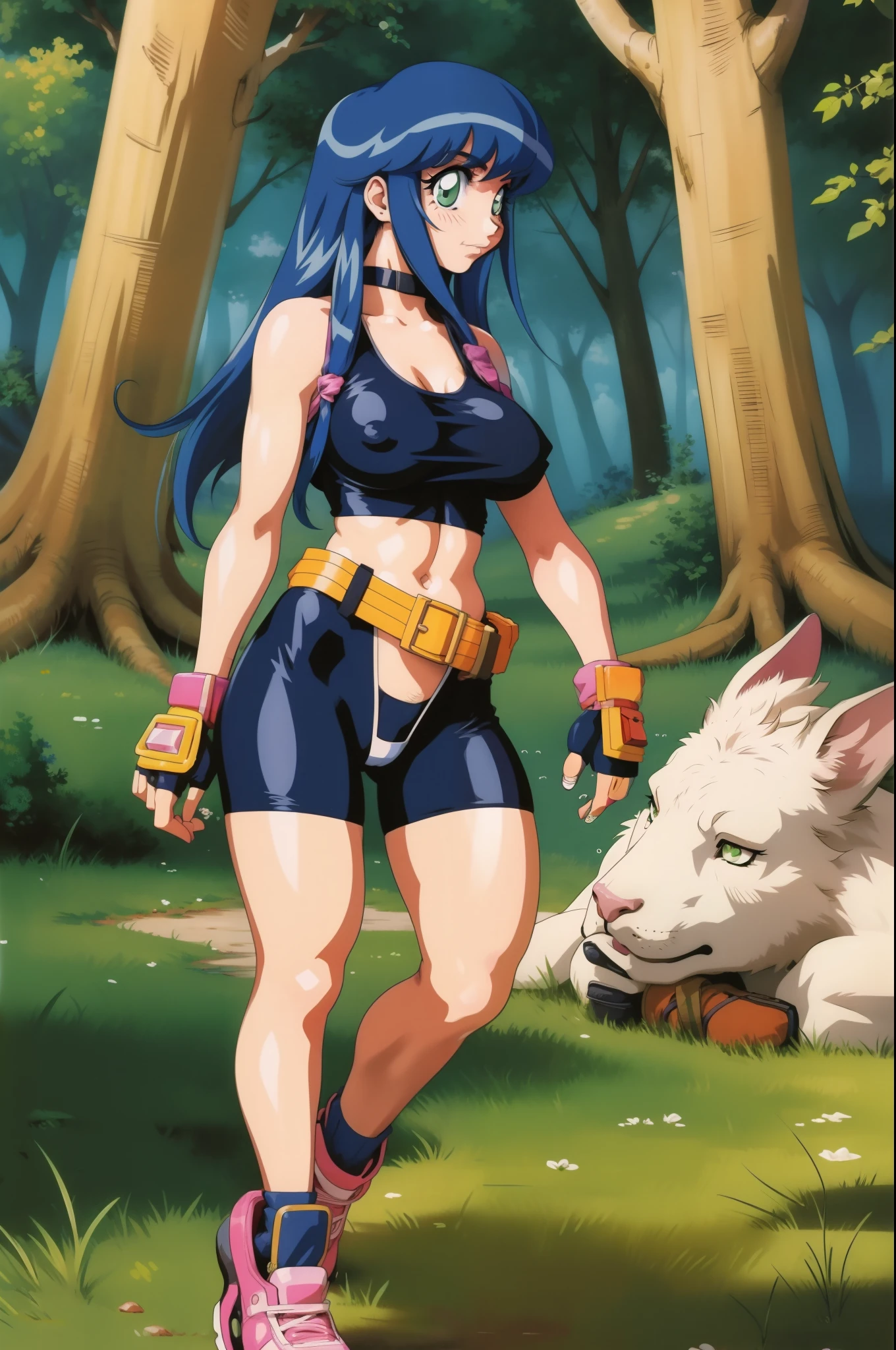 lime,spandex,green eyes,fingerless gloves,1990s (style),blue hair,retro artstyle,long hair,yellow bandana,bike shorts, full body, walking, forest