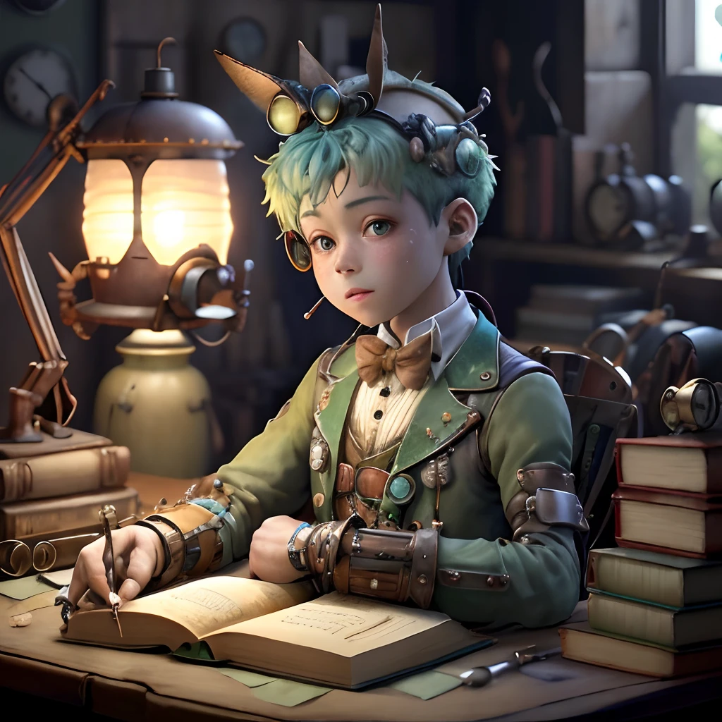 Radios com lampada com  pecas de corda de brinquedo, com detalhes de metal steampunk,com um cor verde e azul meio pastel, com um livro do lado, in the radios written LIBRARY RADIOS ,com um microfome escrito( no ar).