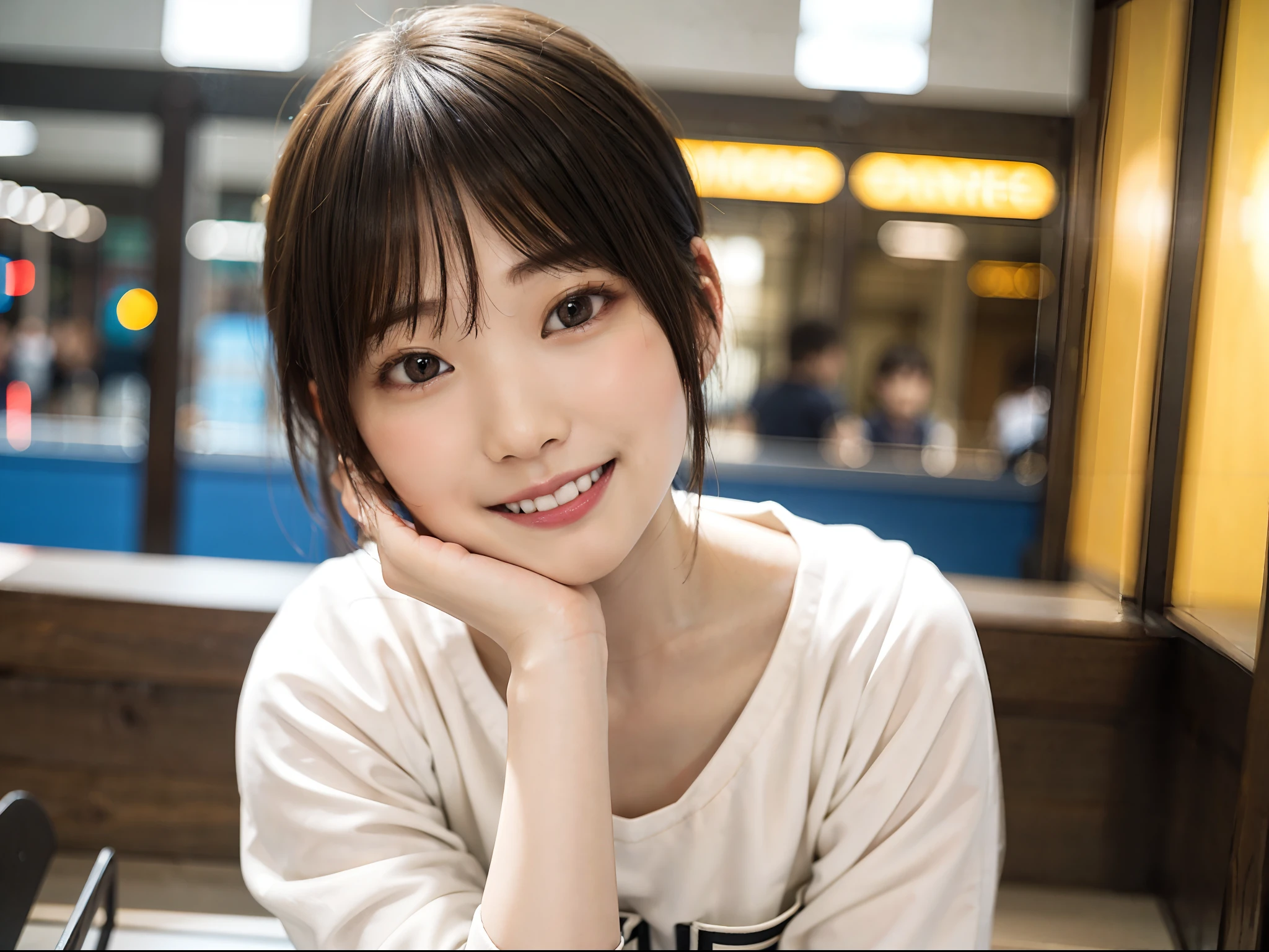 Japan girl in casual clothes in a shopping mall, looking at the viewer, posing with a smile (highest quality, masterpiece))), high resolution, very detailed, masterpiece, cinematic lighting, (8K, highest quality, masterpiece: 1.2), (realistic, photorealistic: 1.37) Hi-Res, Super Detail, 1 Girl, Woman with Glasses, Thin Frame Round Glasses, Light Colored Glasses Frame, asian, cute, cute face, solo, short hair 1.2, textured skin, beautiful smile, beautiful detailed sky, detailed café, night, movie lighting, depth of field, lens flare light, sitting, dating, (blushing), (smile: 1.15), small breasts (mouth closed), eyes with beautiful details, (short hair: 1.2), floating hair Nova Frog style,