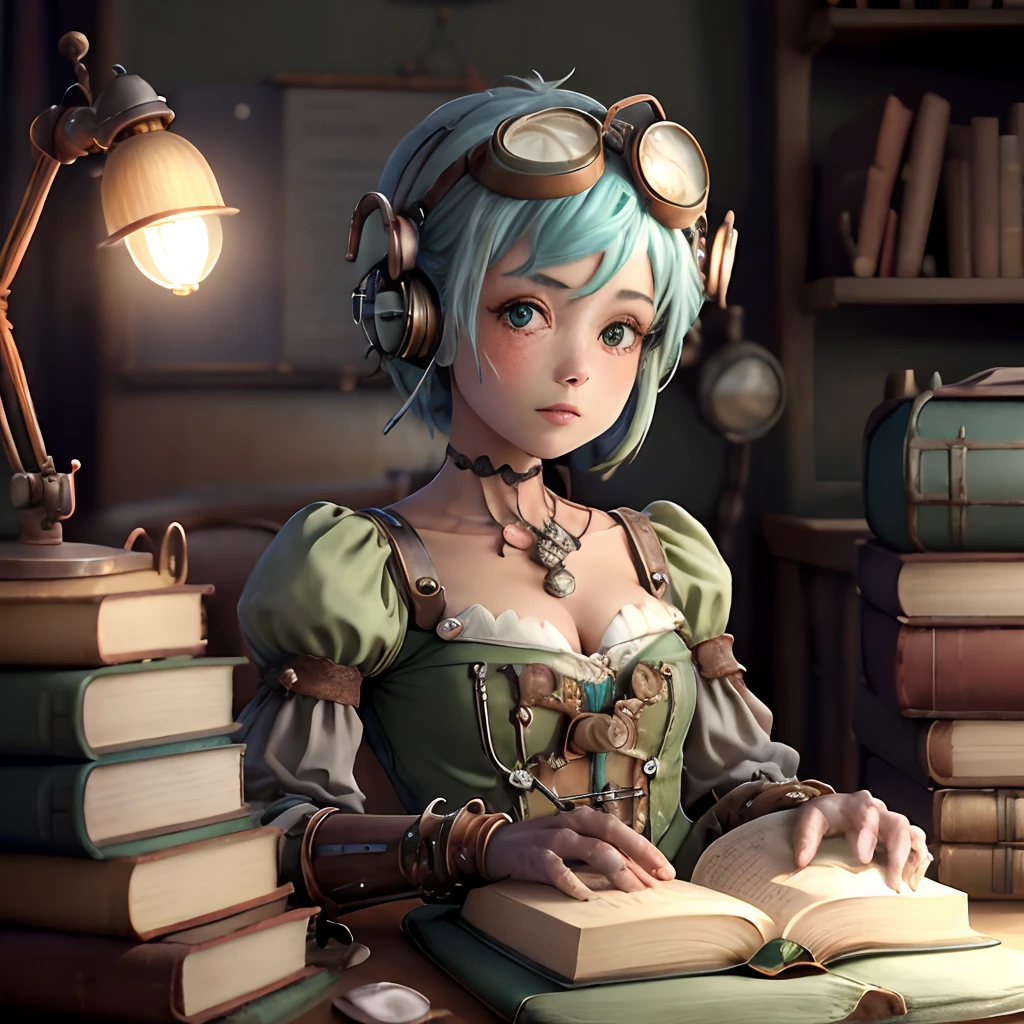 Radios com lampada com pecas de corda de brinquedo, com detalhes de metal steampunk,com um cor verde e azul meio pastel, com um livro do lado, in the radios written LIBRARY RADIOS ,com um microfome escrito( no ar).