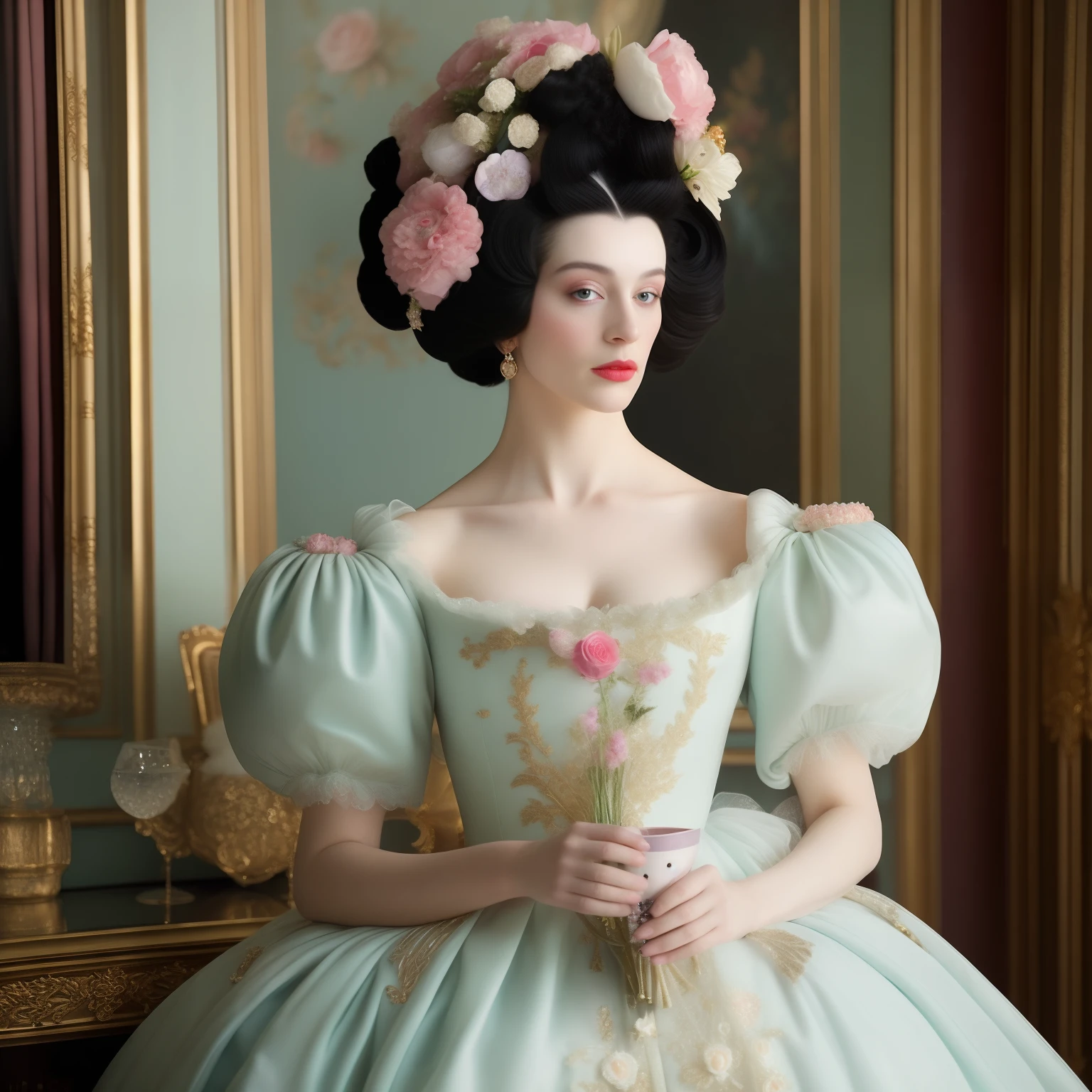 close - up regency solo photo Marie Antoinette with black hair  and heavy makeup,poofy rococo hair with delicate flowers drinking tea - themed party inside palace of versailles, a portrait by Tim Walker showcases a glamorous guest, exuding elegance and sophistication, warmingly gazing. A shallow depth of field f/1.8 is used to isolate the subject from the opulent surroundings, drawing focus to the individual's captivating expression. The shutter speed is set at 1/100s and ISO 200, capturing a perfect balance of ambient and artificial light. Luxury, Flowers, candy colors pallet