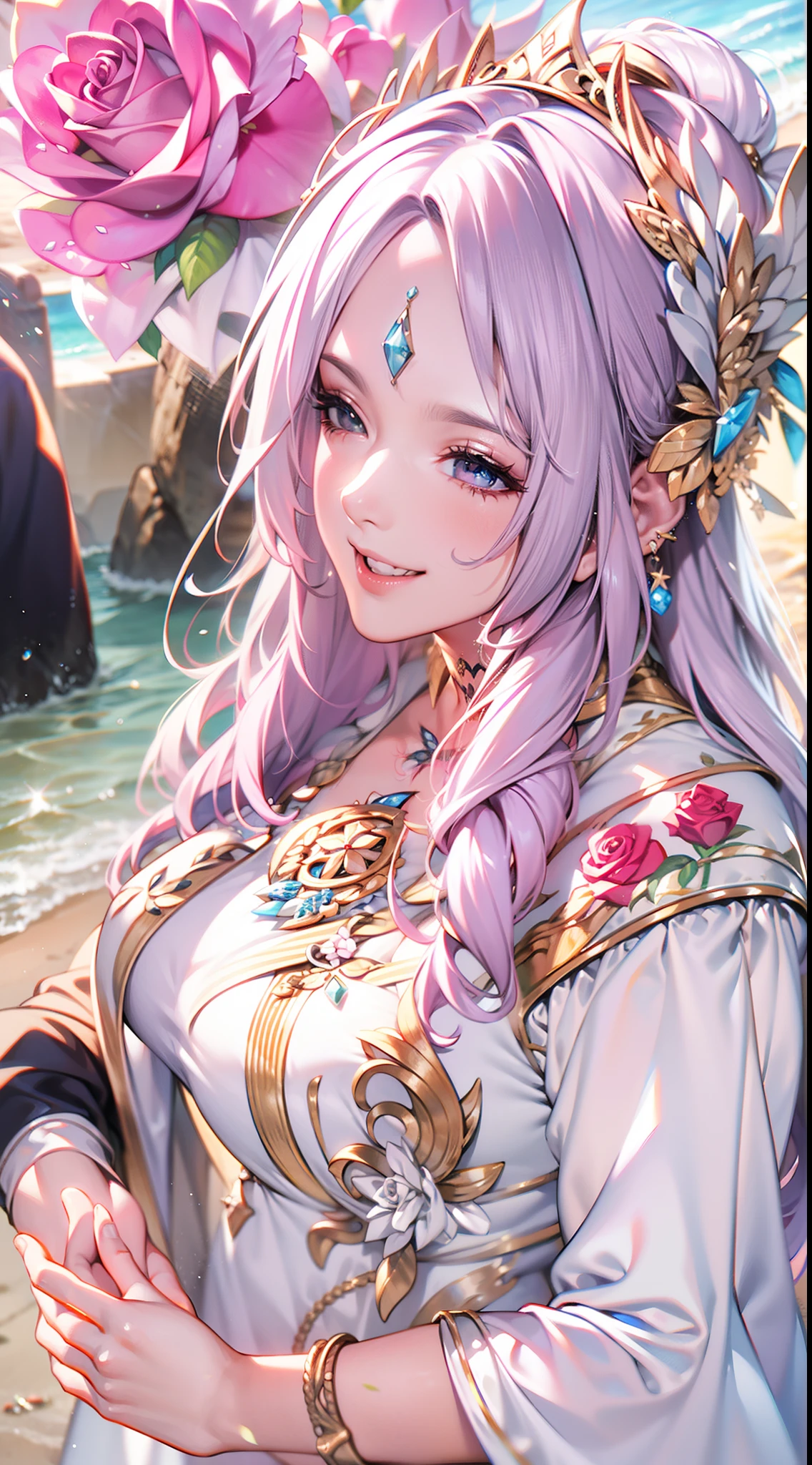 facing away from the audience，Silver-haired woman，Low double ponytail，watery big eyes，Pink hair accessories，Enchanted smile，sandbeach，Tall and ferocious waves are depicted in detail，The woman has an elaborate tattoo，There is a rose motif on the back，true to life，Look up，overcast day，wide wide shot，Best quality photos，16K High Resolution。