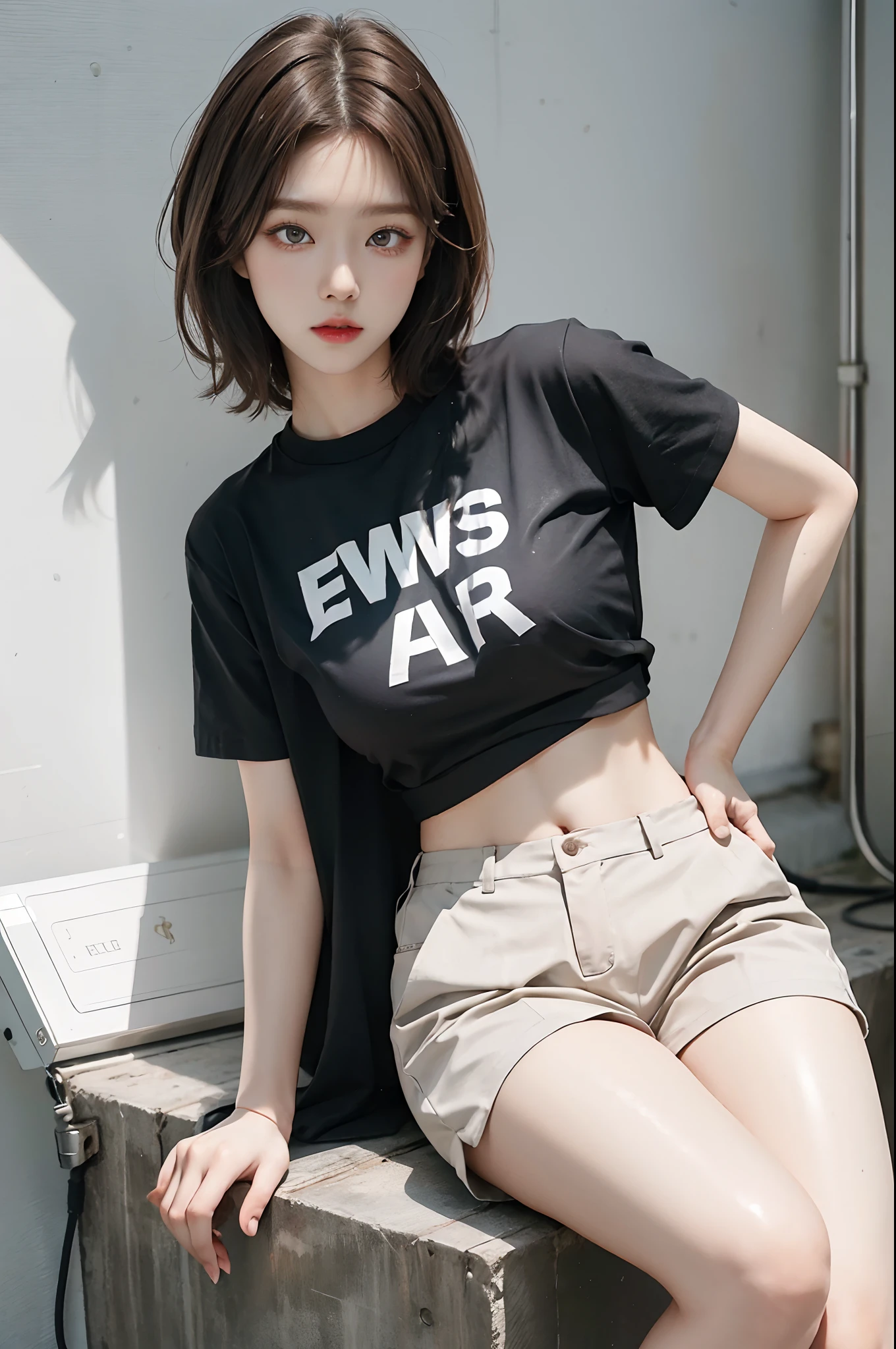 Top image quality、Raw photography、超A high resolution、An 18-year-old woman、Shooting for one person only、modelshoot、big round chest、tshirts、short trousers of black color、Beautiful Eyes of Details、very elongated eyes、Beautiful eyelashes、Beautiful double eyelids、white walls、Beautiful waist、very slender legs、Shorthair with light brown hair、very slender physique