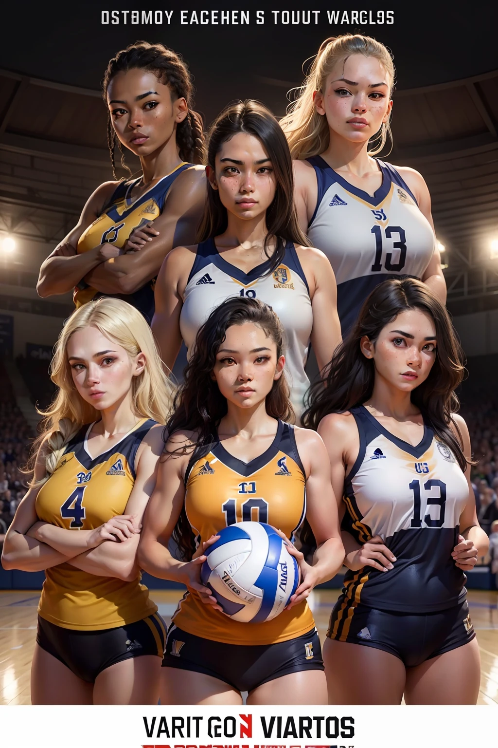 There are many volleyball players posing for photos together, warriors fan art, cartaz do jogo, olhar intenso