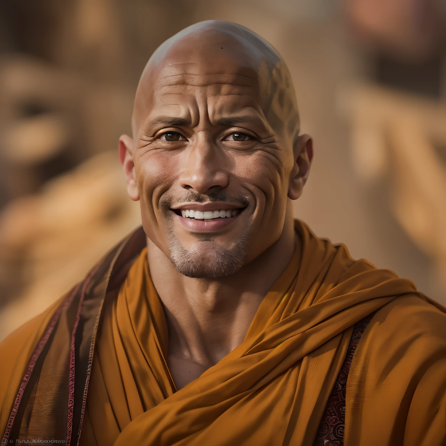 Dwayne Johnson, Smiling Face, cinematic portrait photo of a very interesting Dwayne Johnson Wearing the saffron robes of a monk, Inspired by Sadhusant, Saffron clothes, Rudraksha beads, rudraksha in hand, ghat of varanasi, eyes close up, highly detailed vfx portrait, taken with a full frame camera with a wild lens,