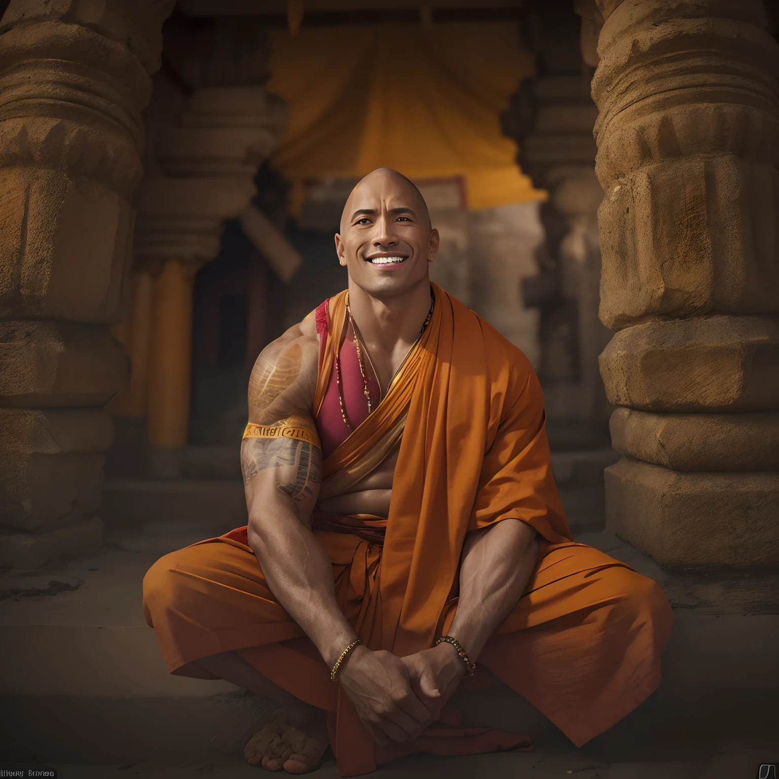 Dwayne Johnson, Smiling Face, cinematic portrait photo of a very interesting Dwayne Johnson Wearing the saffron robes of a monk, Inspired by Sadhusant, Saffron clothes, Rudraksha beads, rudraksha in hand, ghat of varanasi, eyes close up, highly detailed vfx portrait, taken with a full frame camera with a wild lens,
