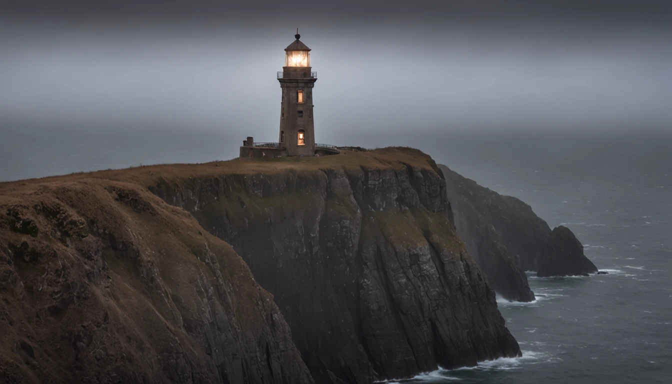 A solitary lighthouse atop a rugged cliff on a mist-shrouded night. The lighthouse's dim light casts a faint glow, revealing vague silhouettes and enigmatic shadows. On the horizon, an abandoned ship emerges from the darkness, its structure covered in ivy and mystery. The scene hints at hidden secrets in the depths of the ocean and untold stories waiting to be uncovered.