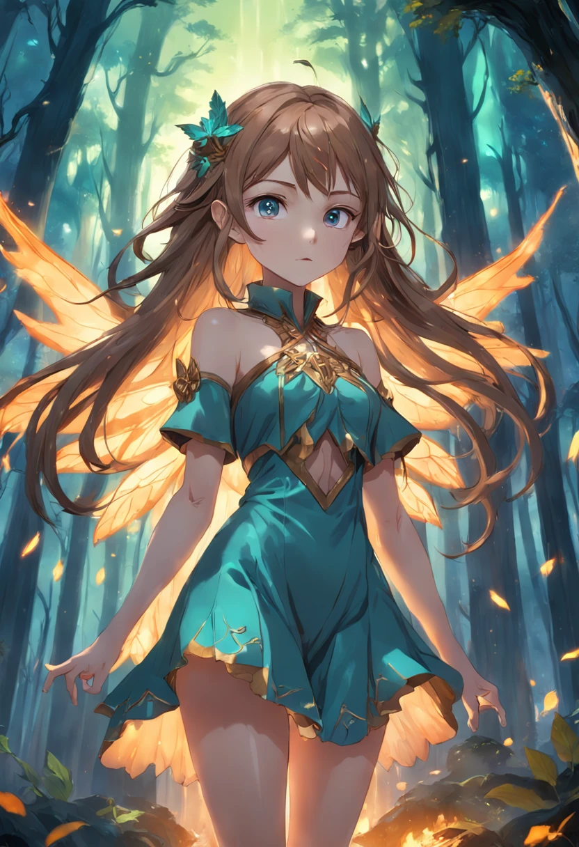 A Light Brown Hair Fairy in a Forest, Perfect Body, Perfect face, Perfect hands, Perfect, Legs, In a City in Fire, detailed and Intrincicated, bioluminicense, HD