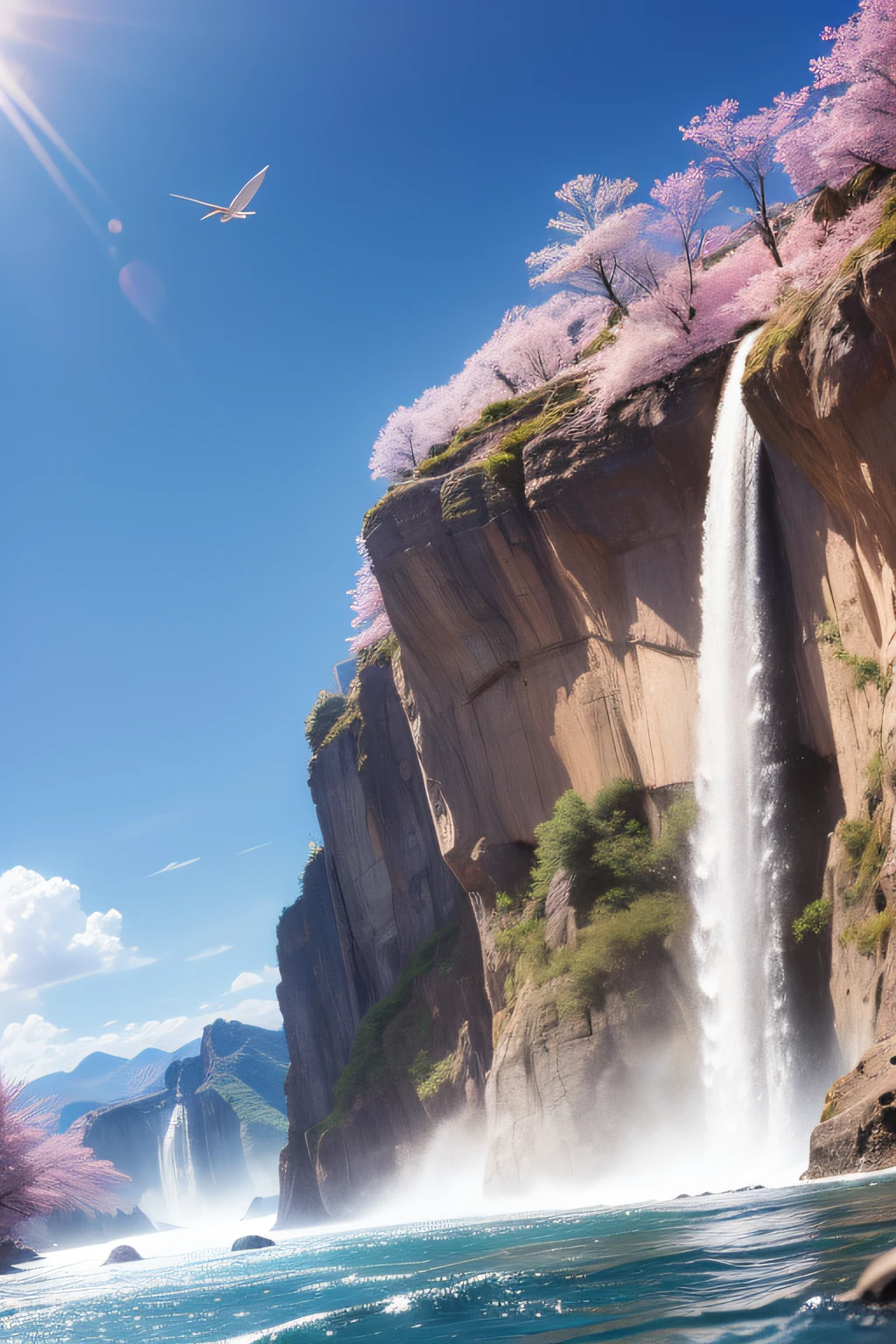 (great masterpiece、top-quality、high-level image quality)、Beautiful mountain ranges、Big rivers、river stream、crystal clear skies、Strong sunlight、Spiritual Power、Spiritual Love、Lively、Great Spirit、altruism、Condor flies away、(Spiritual Natural World)、