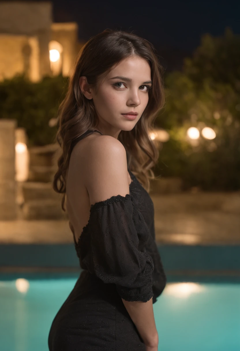 Una mujer de espalda hiperrealista, cuerpo perfecto, sentada al borde de una piscina, mirando una gran ciudad iluminada, escena de noche