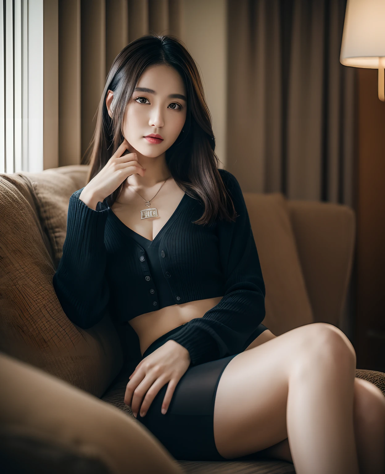 1girll,Sit on a comfortable sofa,Cross ed leg,Soft light,Black silk big breasts