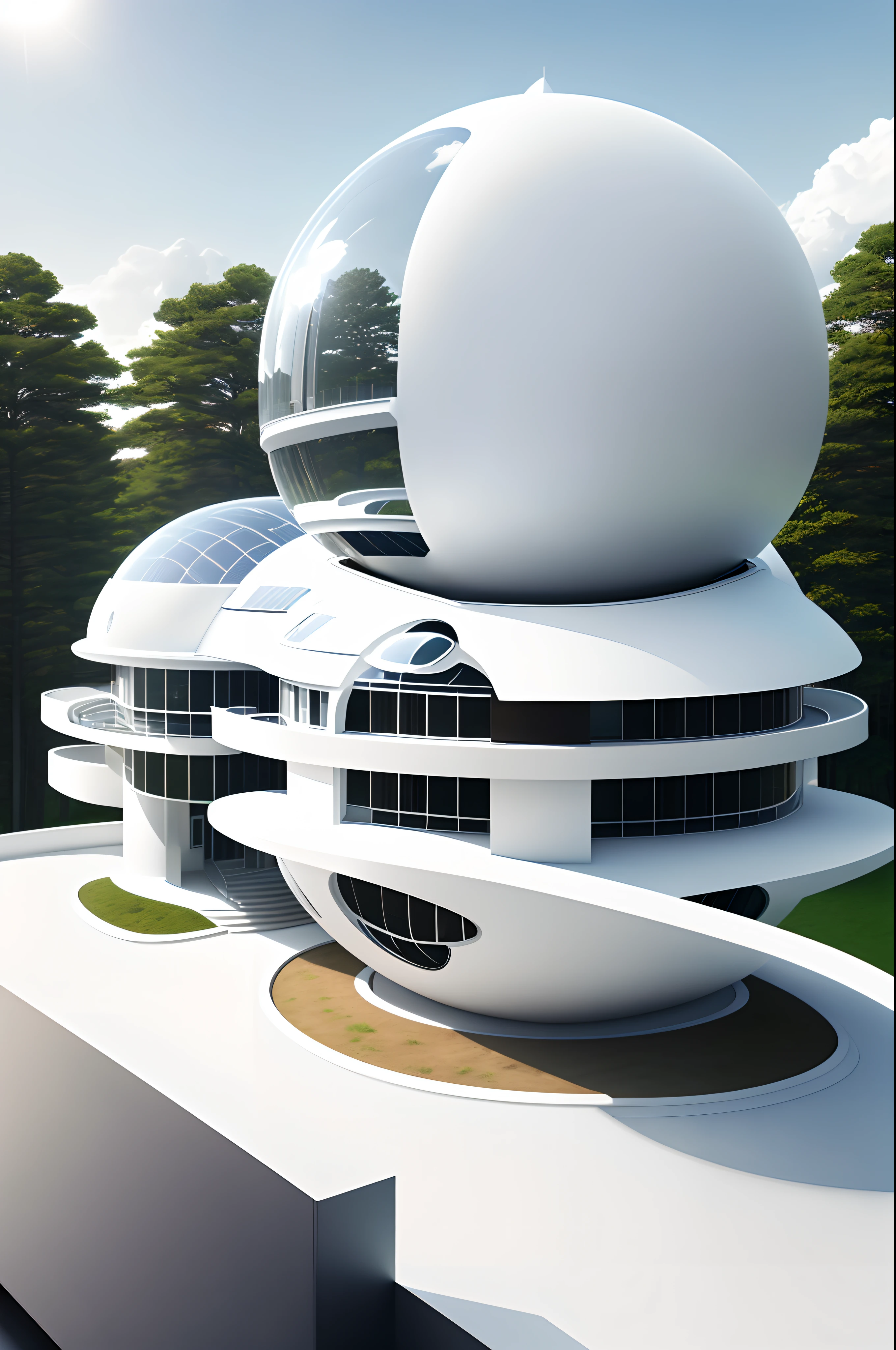 semi-spherical exterior home,  modern architectural design, more forms and functions, new scientific home, high solar energy technology,  white color and metallic, forest, daylight, sky, white cloud, realistic, photorealistic, futuristic, 8K, masterpiece, best quality, high resolution, extremely full detailed,