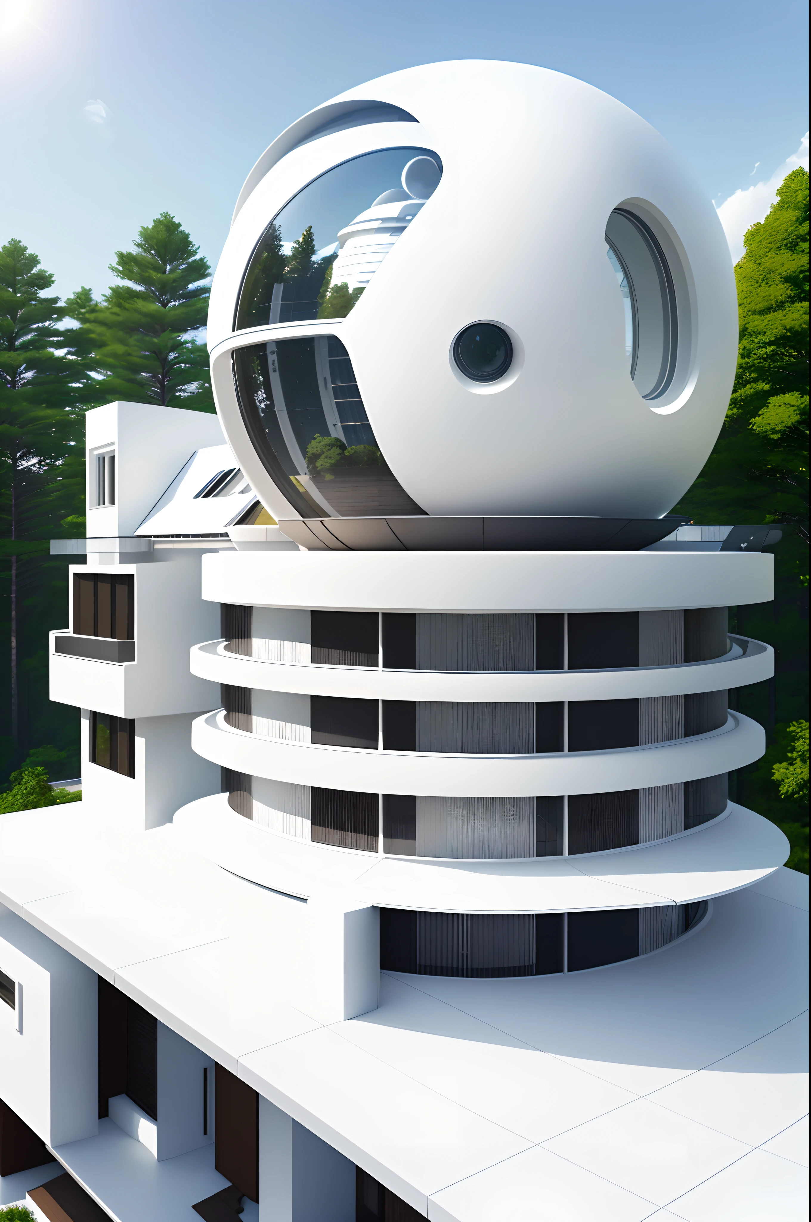 semi-spherical exterior home, modern architectural design, more forms and functions, new scientific home, high solar energy technology, white color and metallic, forest, daylight, sky, white cloud, realistic, photorealistic, futuristic, 8K, masterpiece, best quality, high resolution, extremely full detailed,