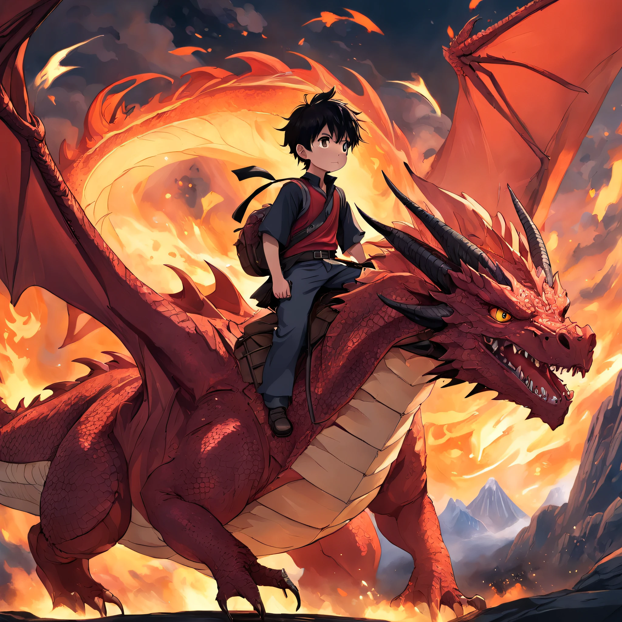 （Cute boy riding a dragon），Segurando um leque de penas，Red Fire Dragon，Fogo com intensidade，There was a fire in the air，Efeito gunsmoke：1.5,Slender dragon body，elevation，Vista distante，super detalhamento，melhor qualidade，tmasterpiece，8k，extremamente detalhado，arte epica. Garoto de cabelo preto, garoto com muculos, cabelo espetado