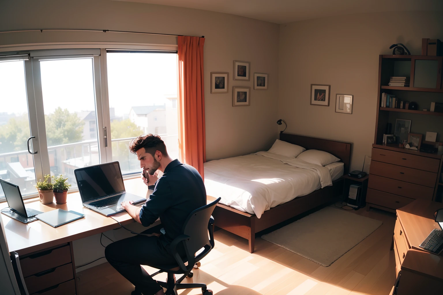 a caucasian man freelancing in digital designs, at home, on a desk, with a computer, in a room, a bed, window, hand on the mouth, laptop screen showing adobe photoshop