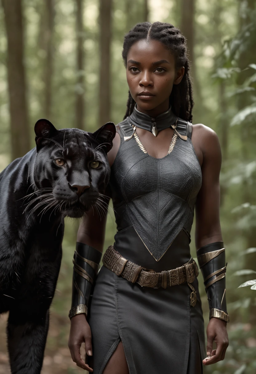 Close, portrait. woman hunter with a quiver of arrows behind and with her a big black Panther on the edge of the forest, perfect composition, beautiful detailed intricate insanely detailed octane render trending on artstation, 8 k artistic photography, photorealistic concept art, soft natural volumetric cinematic perfect light, chiaroscuro, award - winning photograph, masterpiece