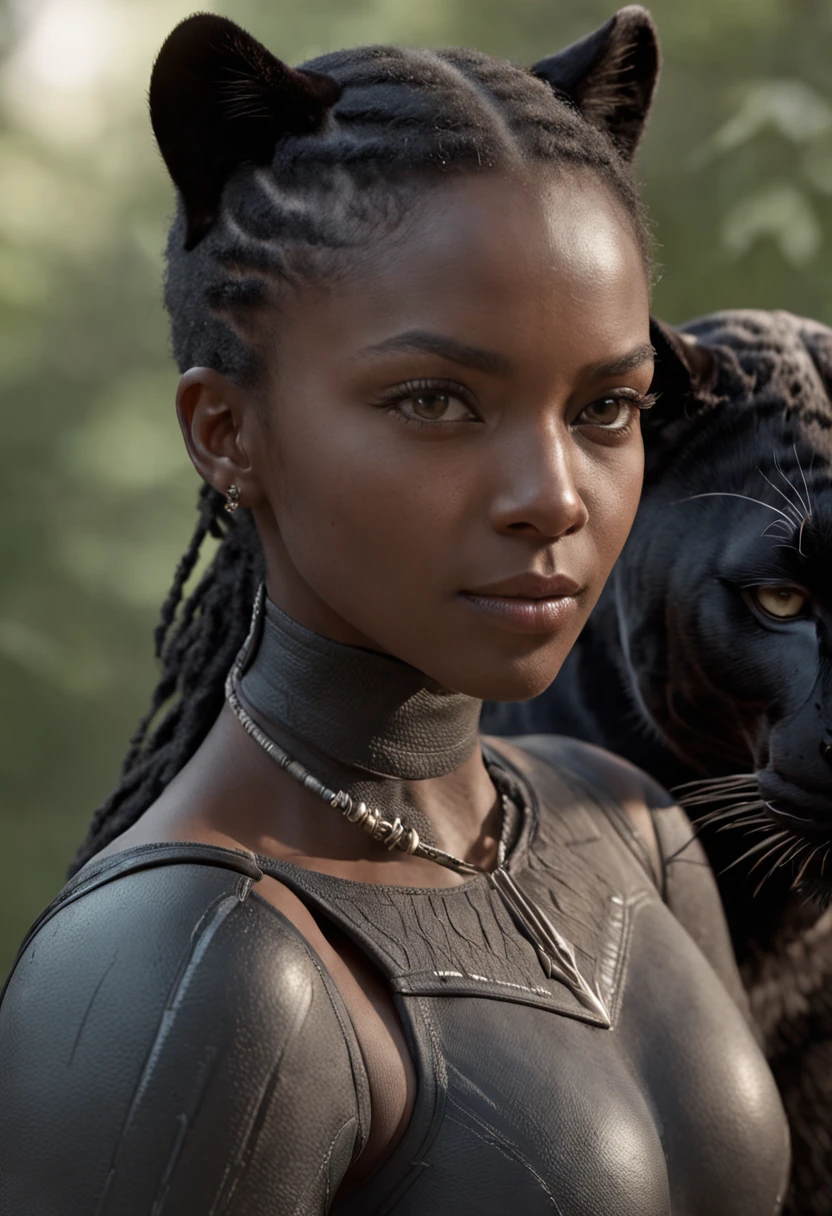 Close, portrait. woman hunter with a quiver of arrows behind and with her a big black Panther on the edge of the forest, perfect composition, beautiful detailed intricate insanely detailed octane render trending on artstation, 8 k artistic photography, photorealistic concept art, soft natural volumetric cinematic perfect light, chiaroscuro, award - winning photograph, masterpiece