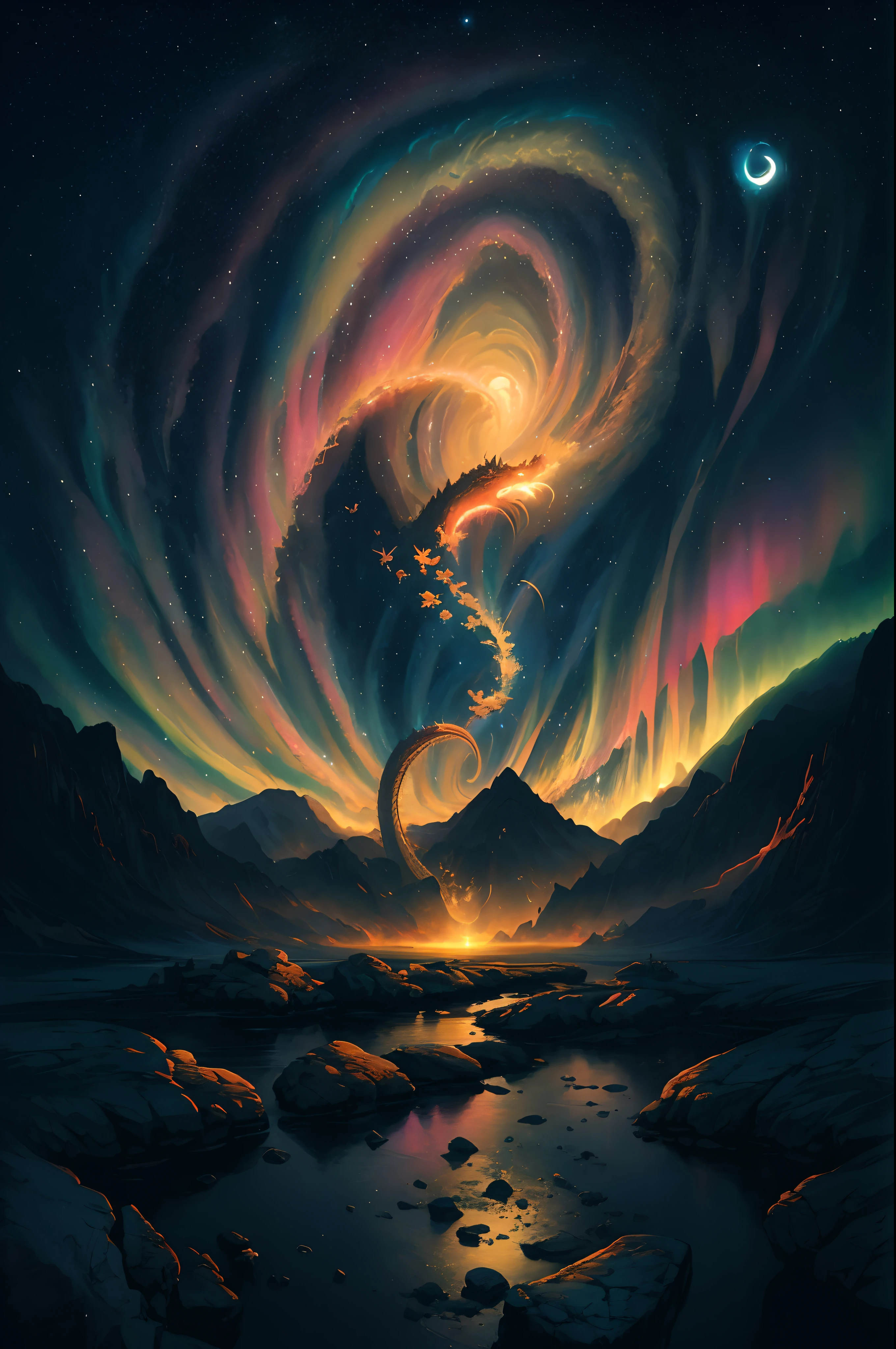 a painting of a dragon flying over a mountain with a stream, beeple and tim hildebrandt, fractal thunder dan mumford, dan mumford and albert bierstadt, by Christopher Balaskas, jen bartel, beeple artwork, dan mumford and peter mohrbacher, anton fadeev and dan mumford, peter mohrbacher and dan mumford